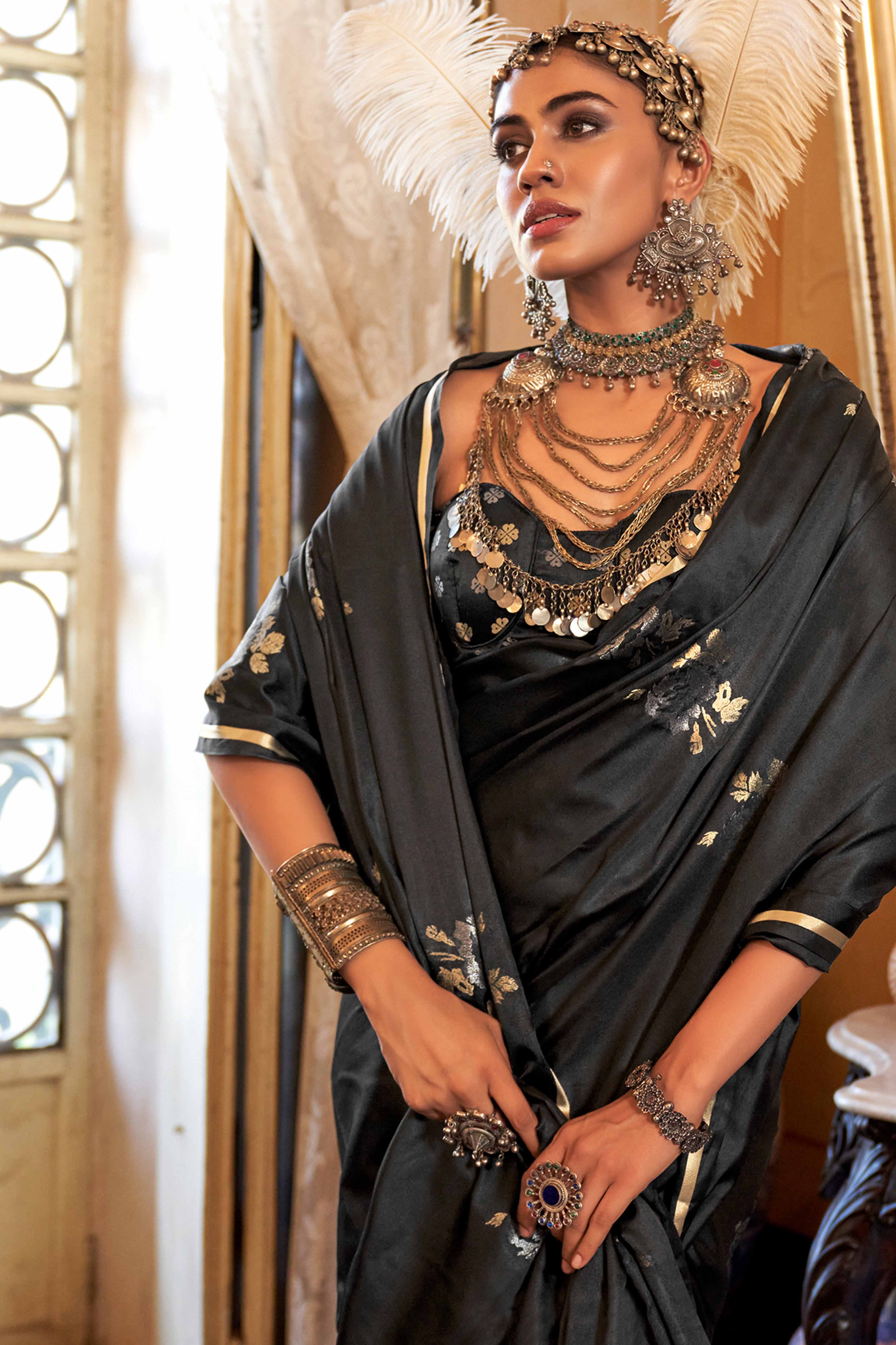Black Satin Saree with Zari Weaving and Tassel Detailing