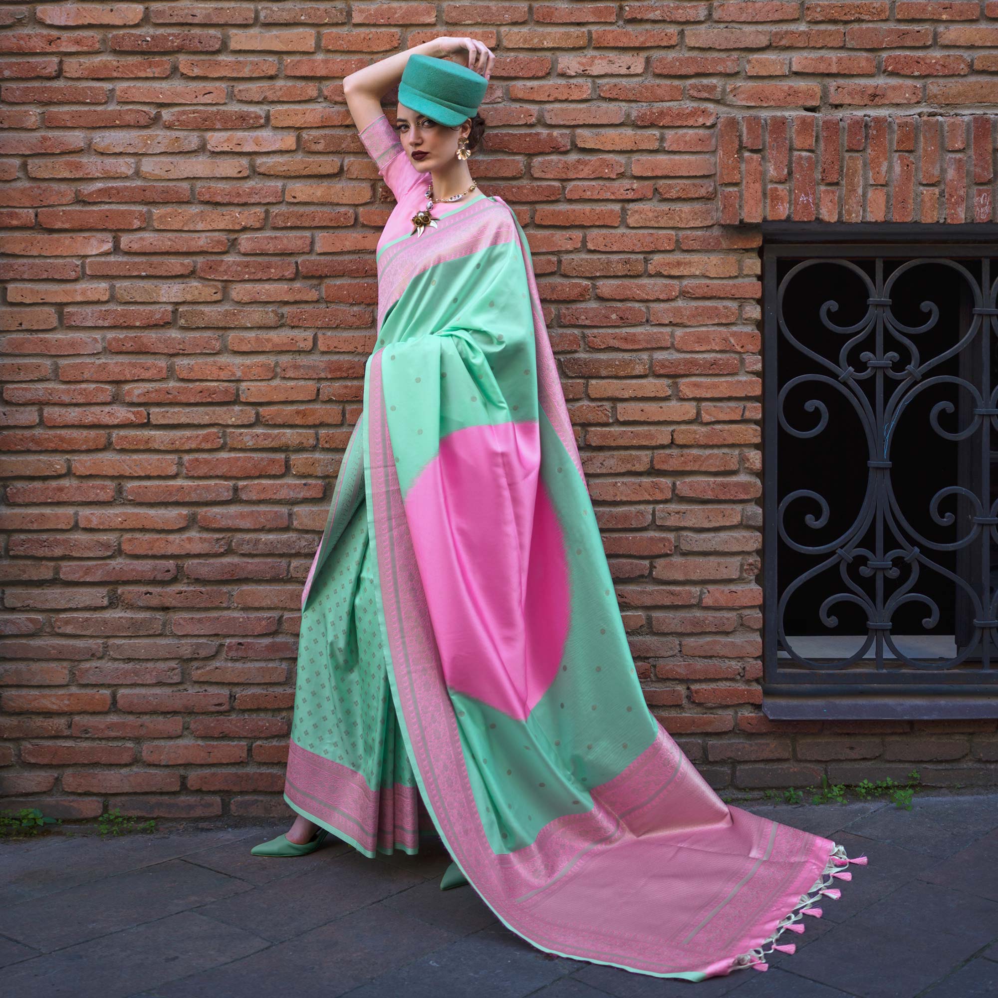 Turquoise & Pink Zari Butti Work Banarasi Silk Saree
