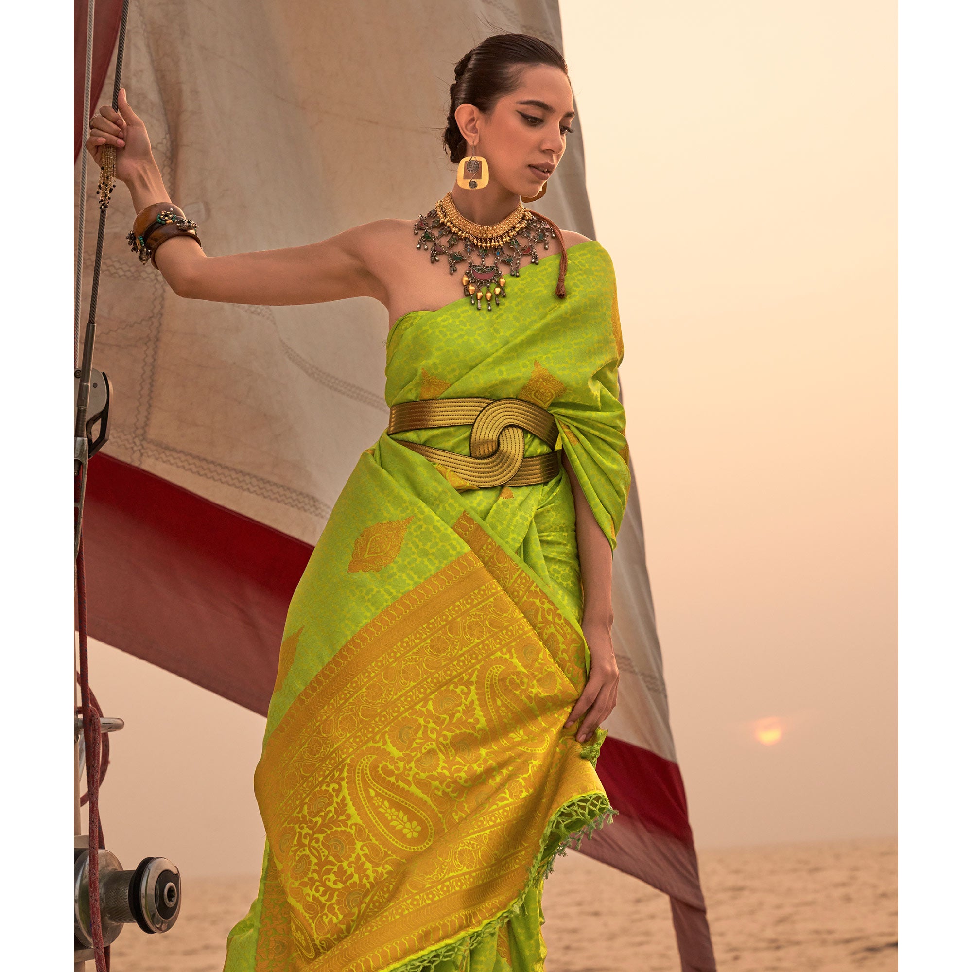 Green Woven Satin Two Tone Saree