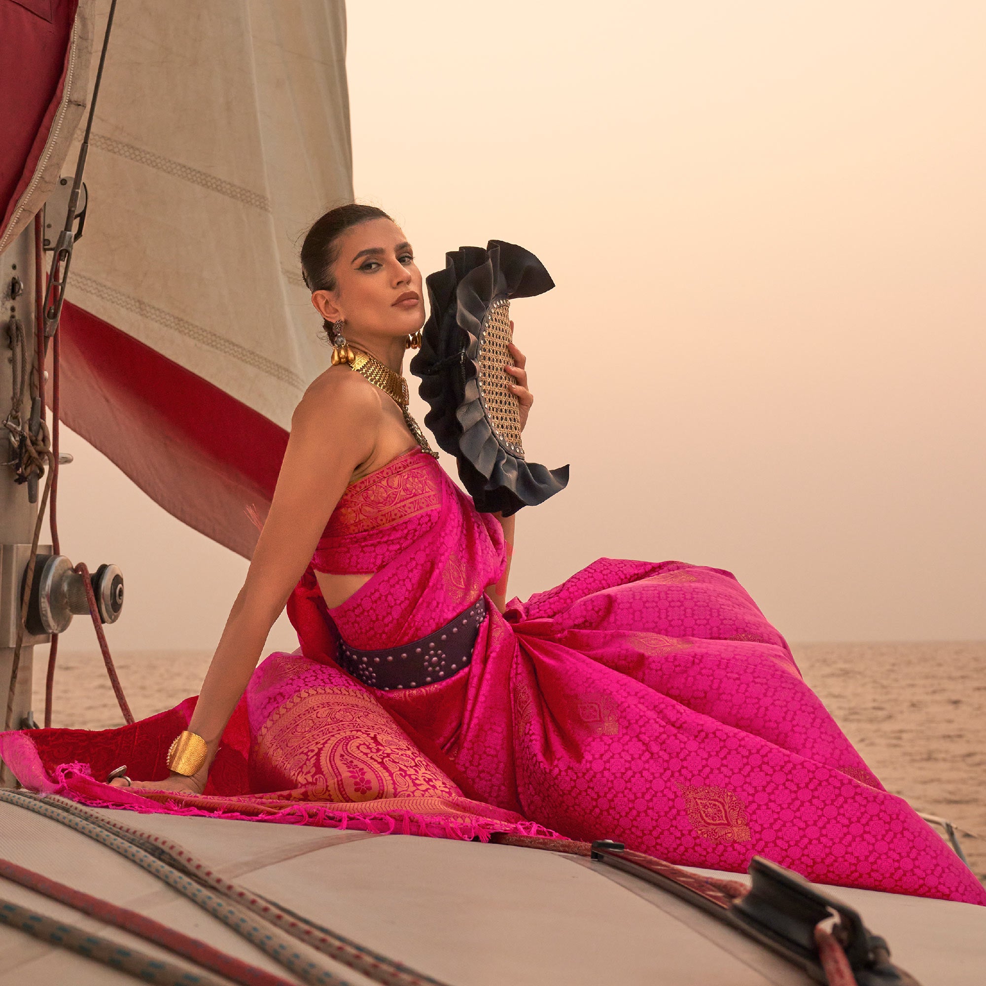 Rani Pink Woven Satin Two Tone Saree