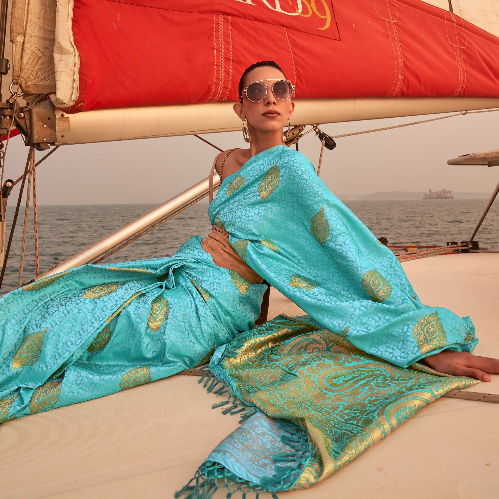 Sky Blue Woven Satin Two Tone Saree