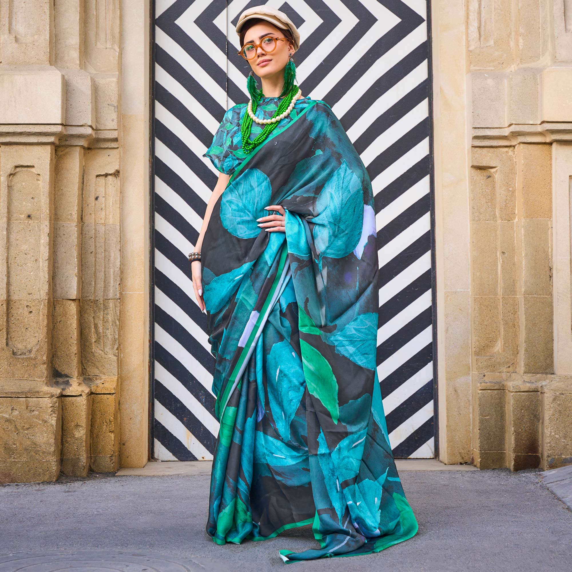 Black Floral Digital Printed Satin Saree