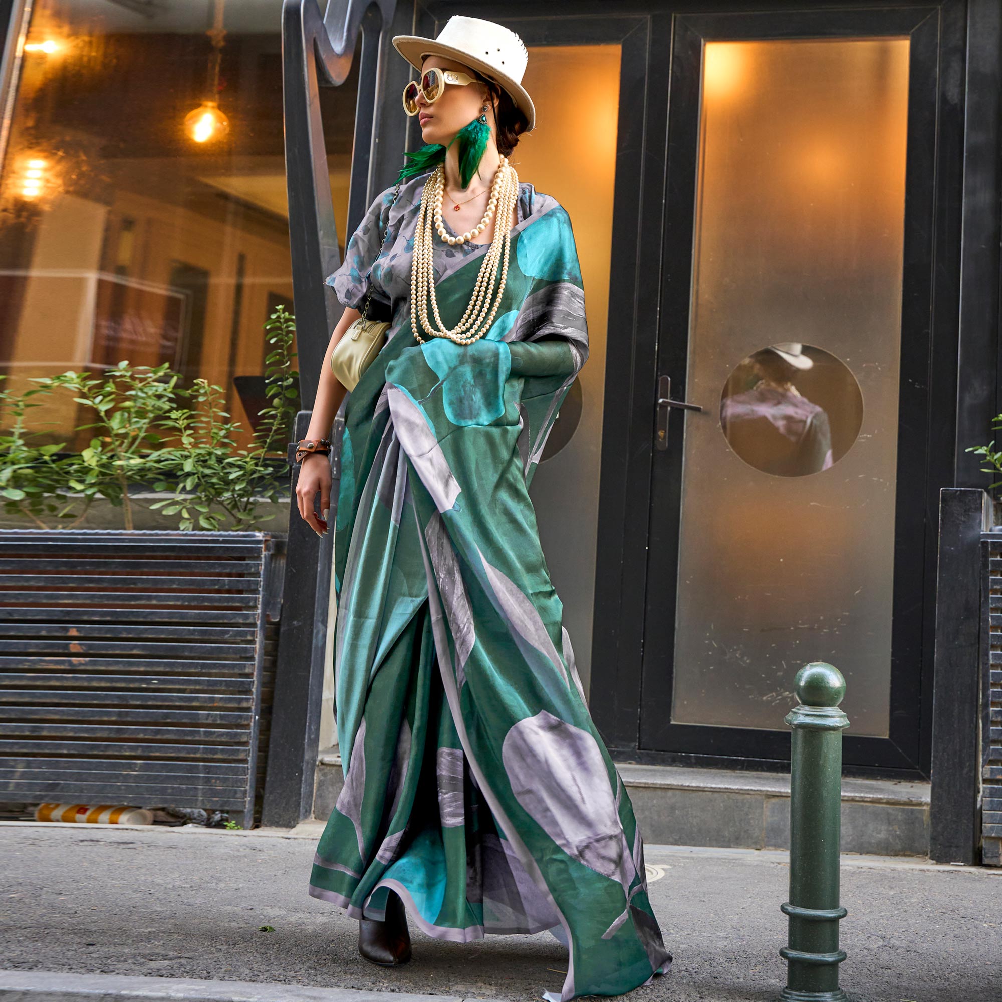 Green Floral Digital Printed Satin Saree