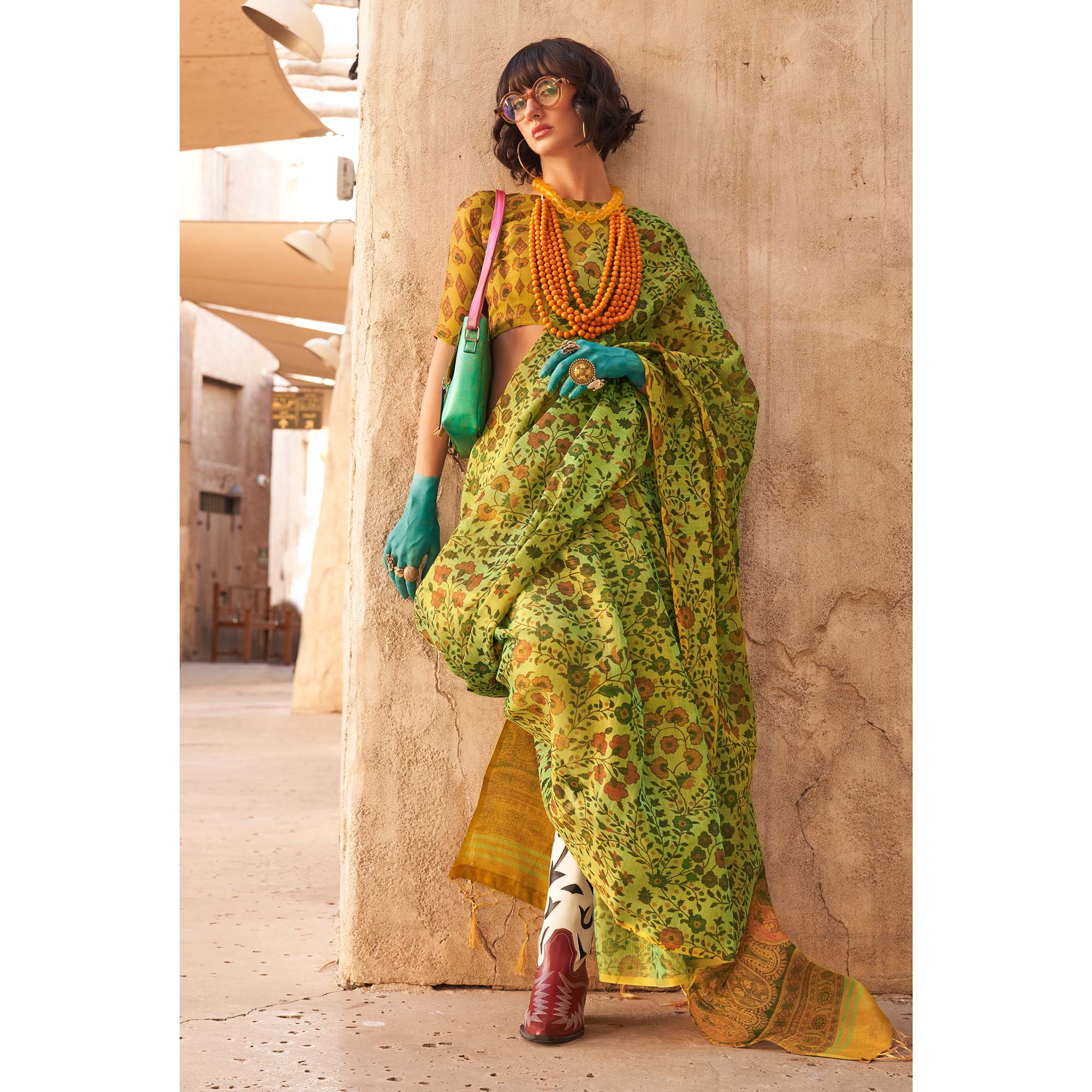 Green Floral Printed Tissue Saree With Tassels