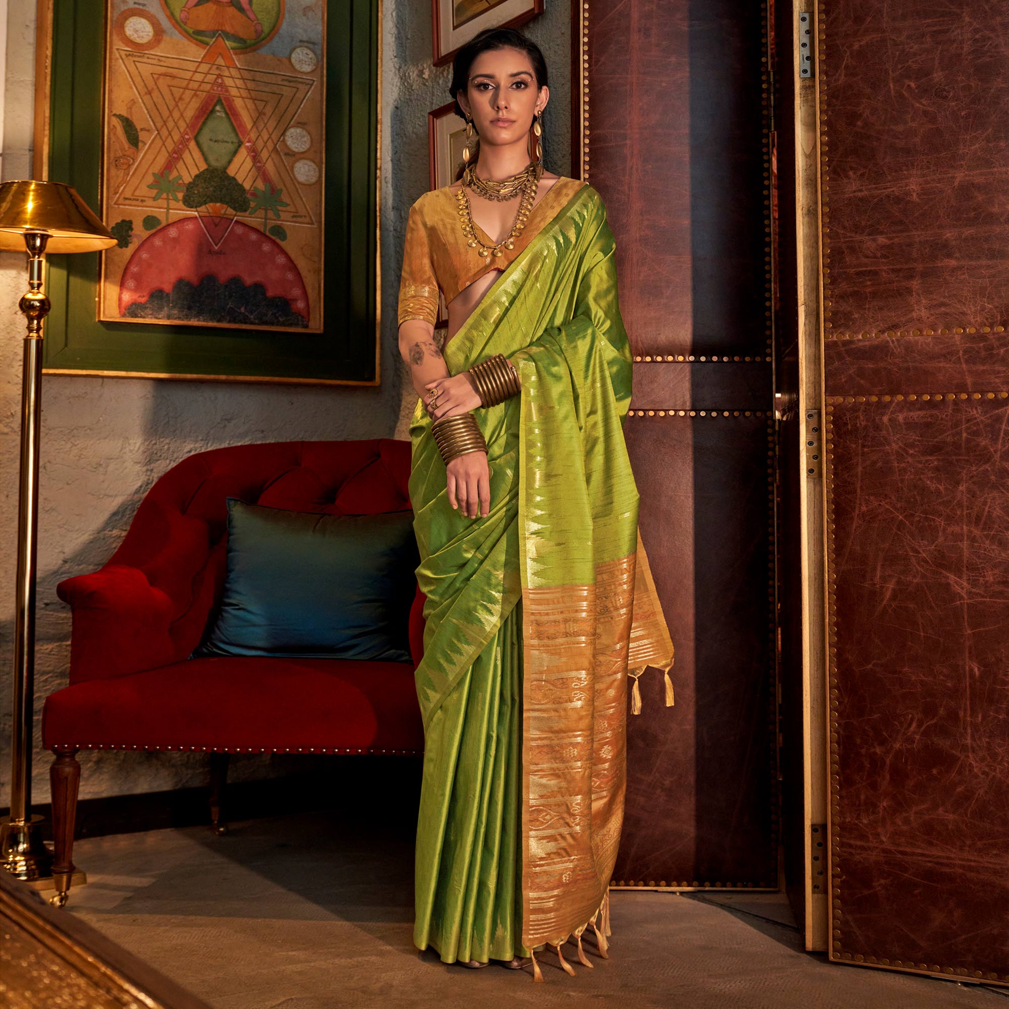 Green Zari Work Woven Tussar Silk Saree With Tassels