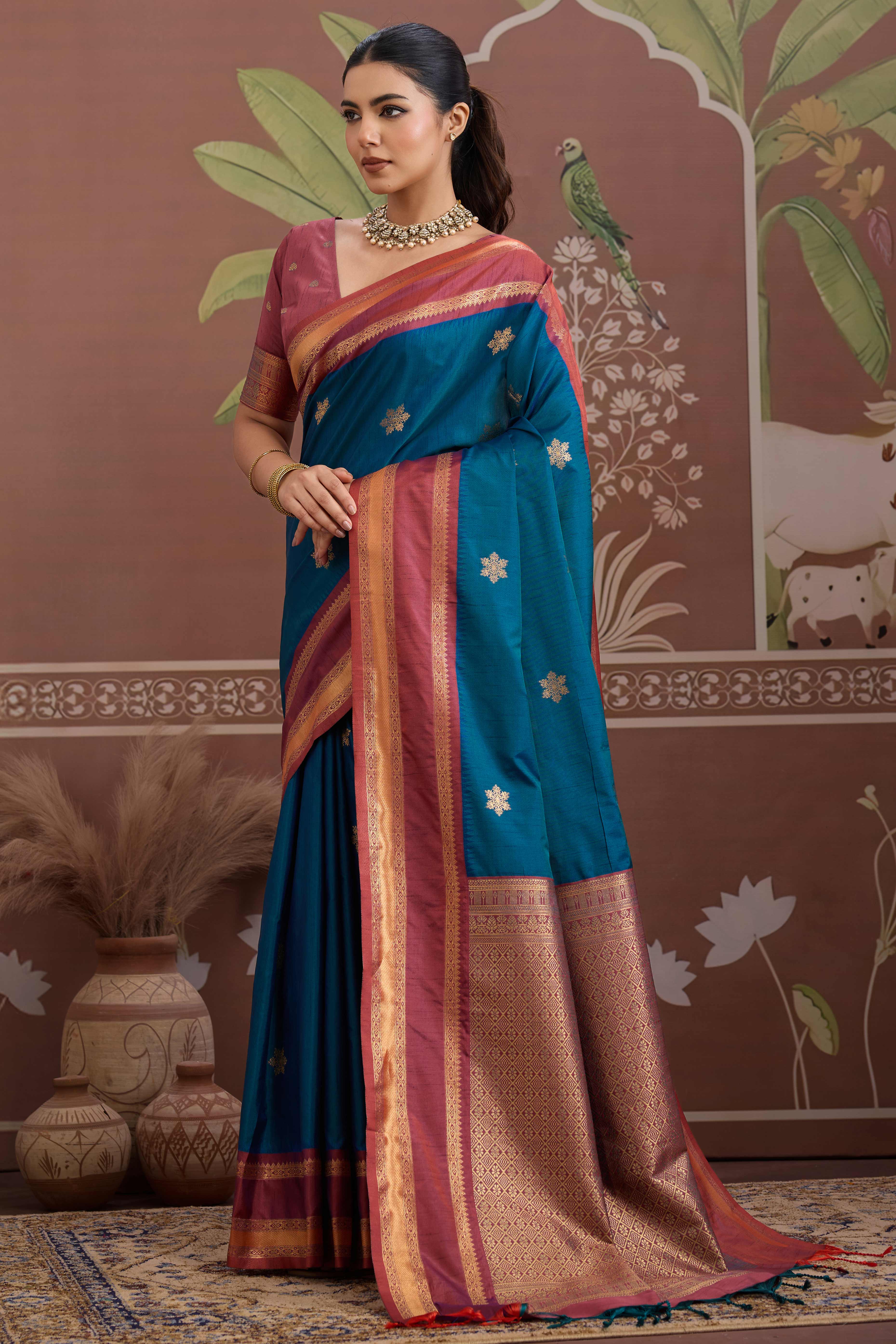 Luxury Style Teal Saree in Silk Blend with Intricate Zari Work