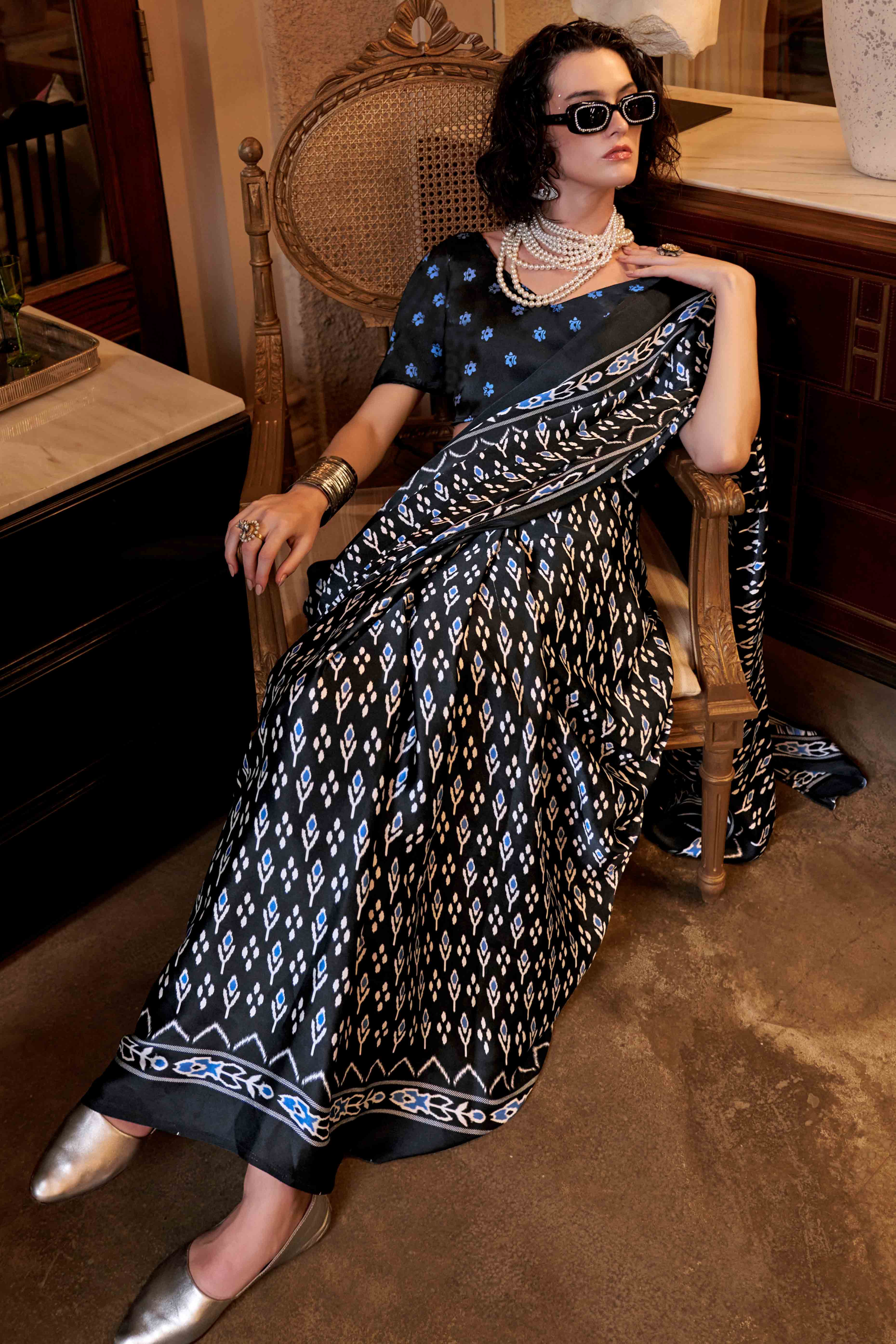 Black Patola Printed Satin Crepe Saree