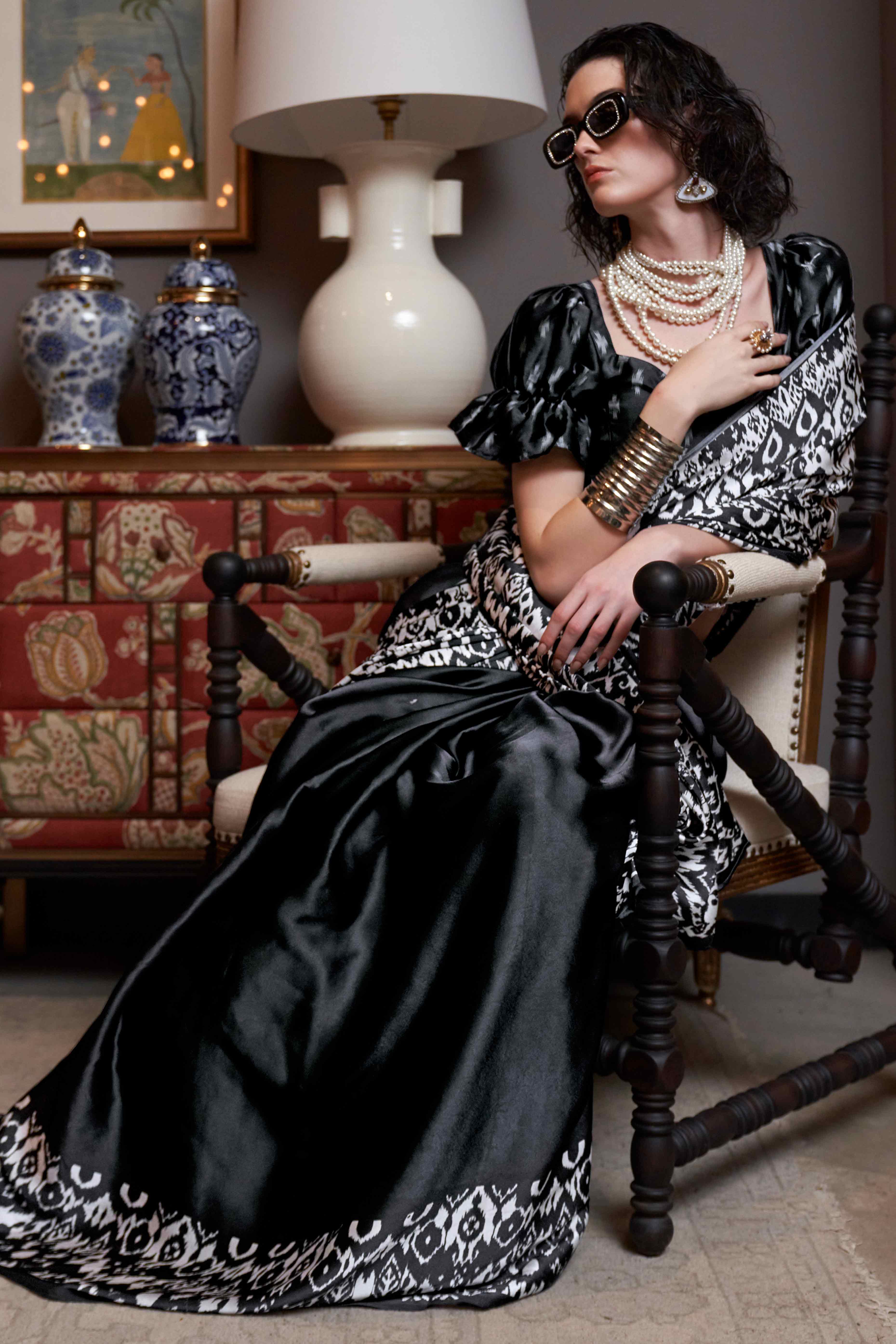 Black Patola Printed Satin Crepe Saree