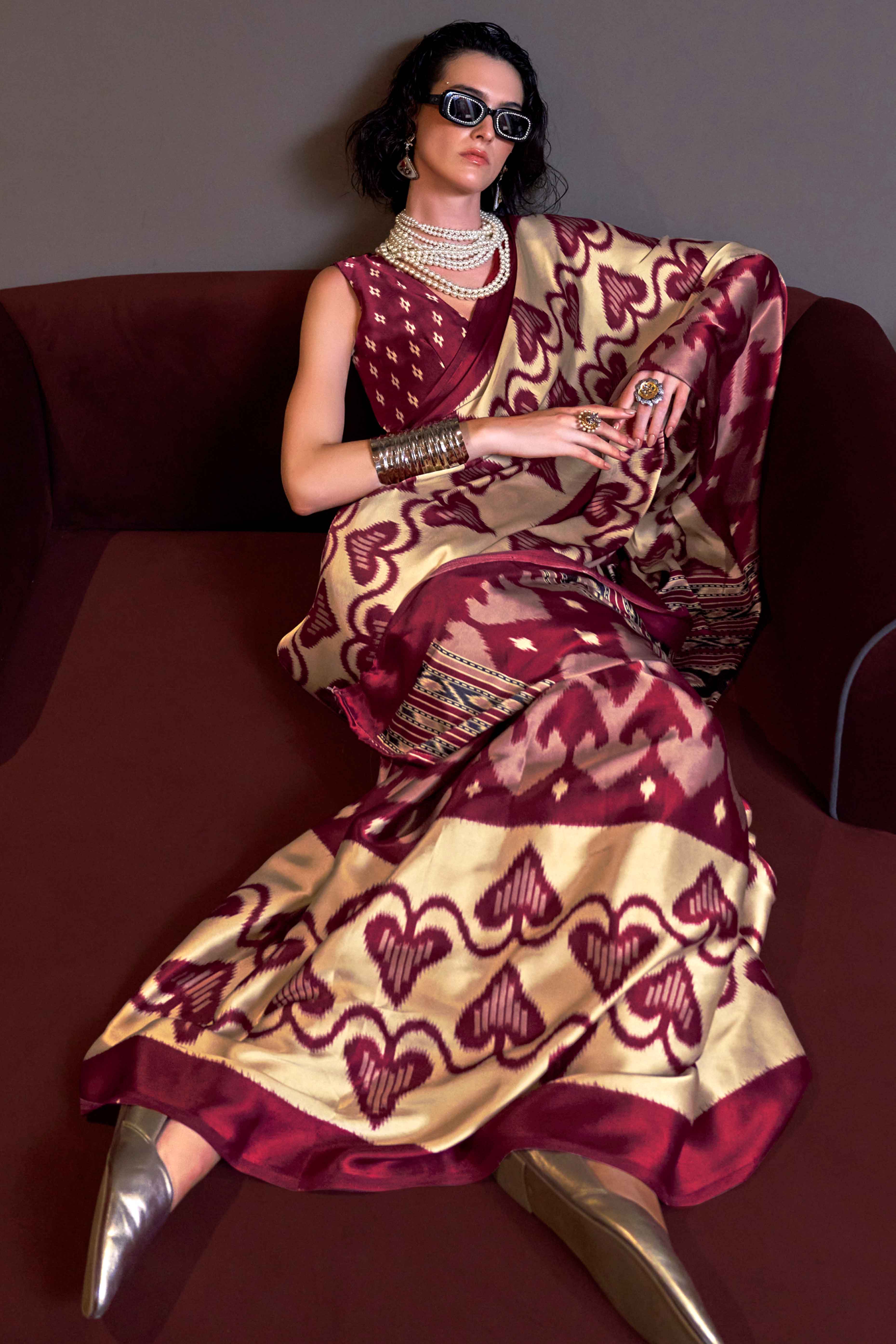 Magenta & Cream Patola Printed Satin Crepe Saree