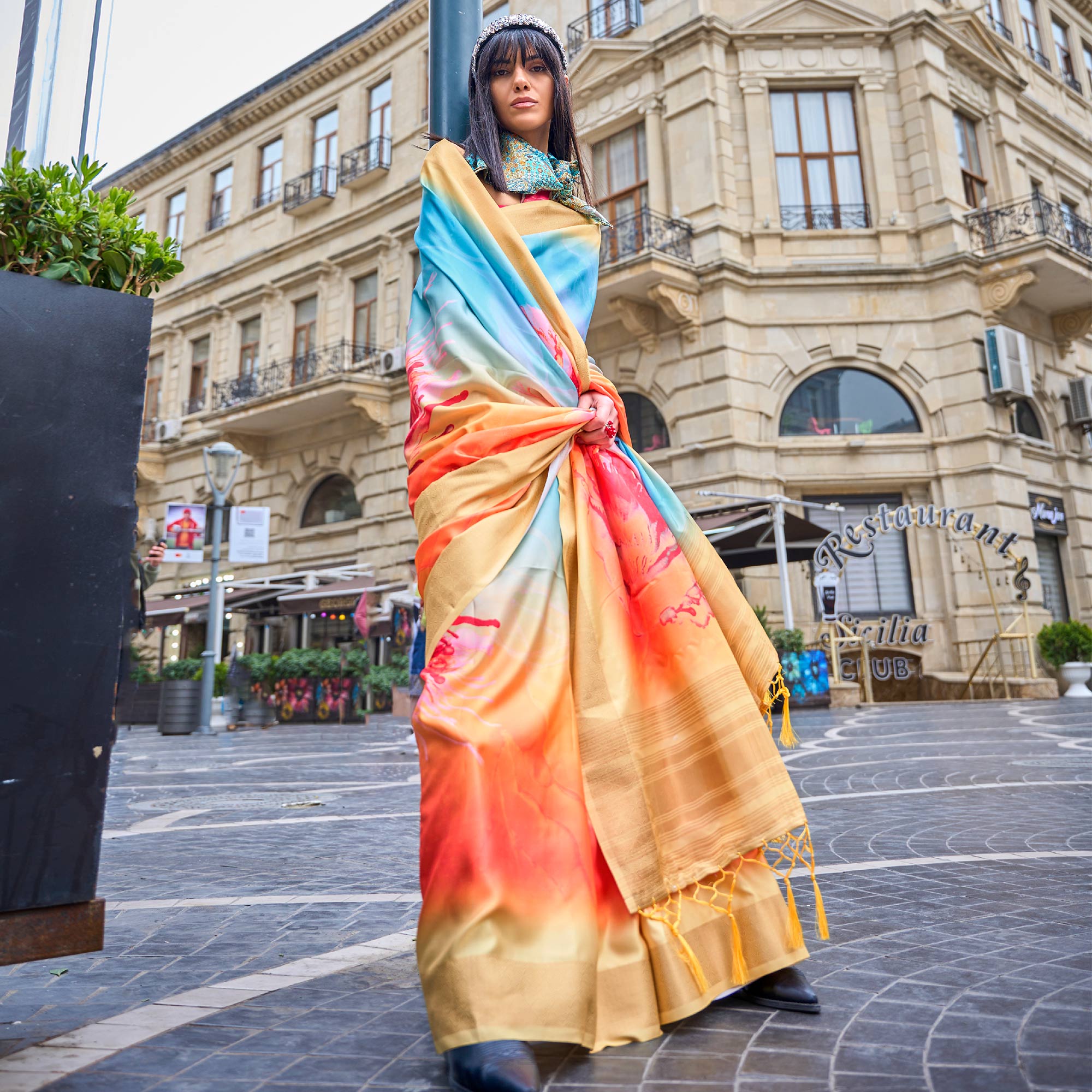 Yellow & Blue Digital Printed Satin Saree With Tassels