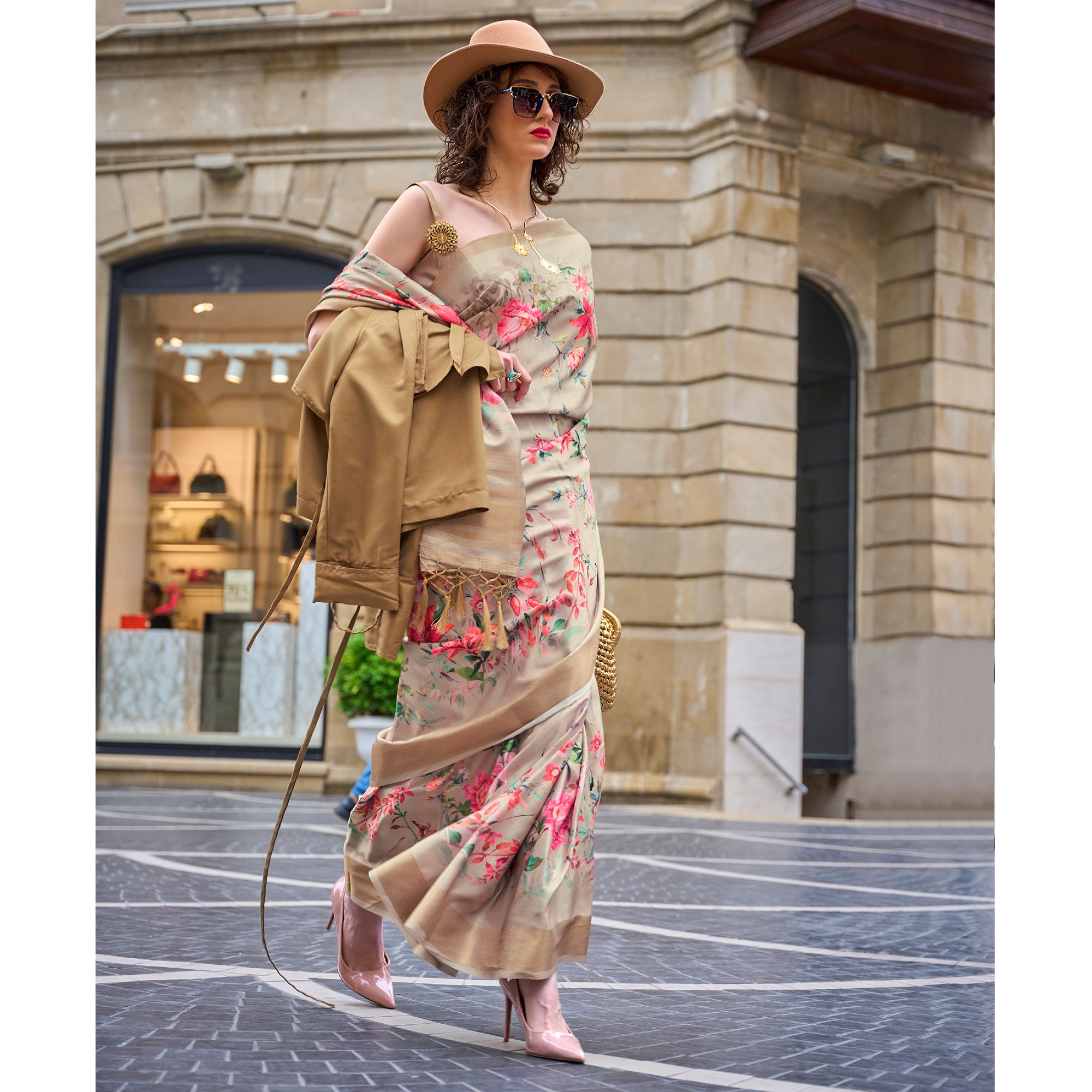 Beige Digital Printed Satin Saree With Tassels