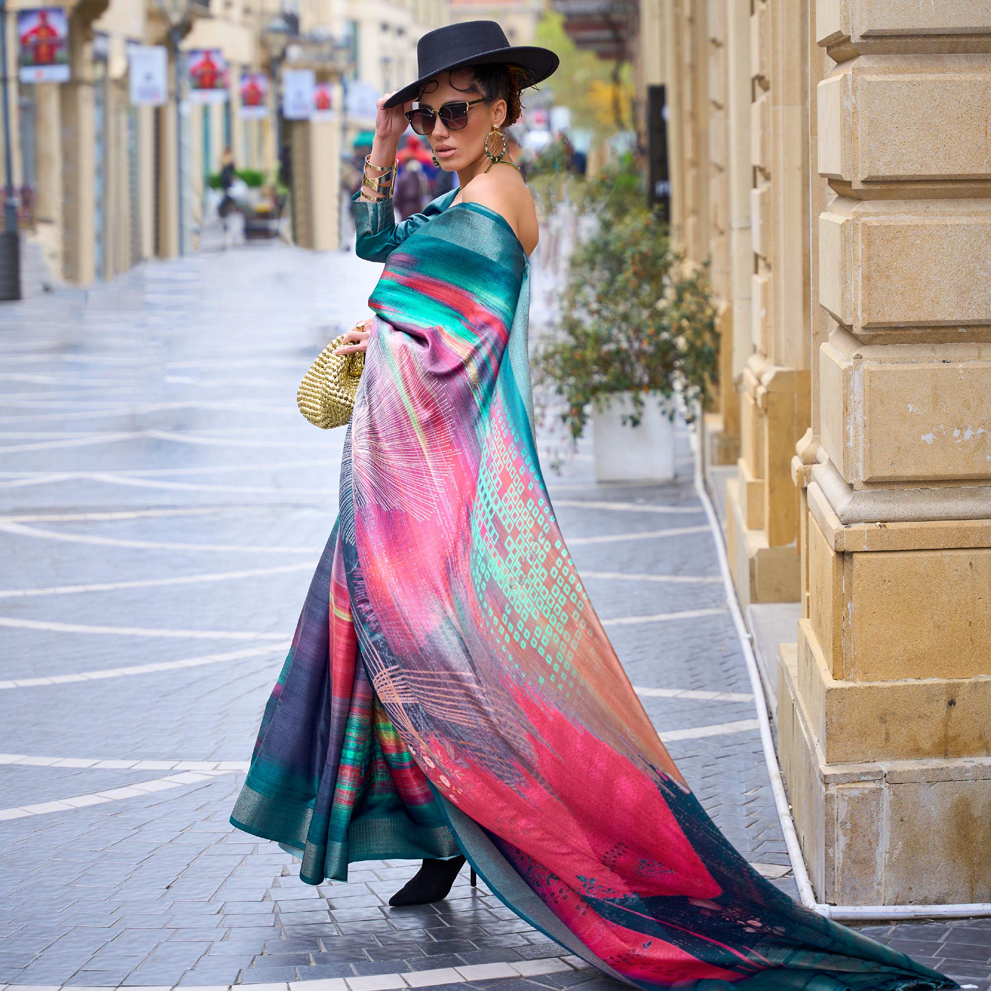 Teal Blue Digital Printed Satin Saree With Tassels