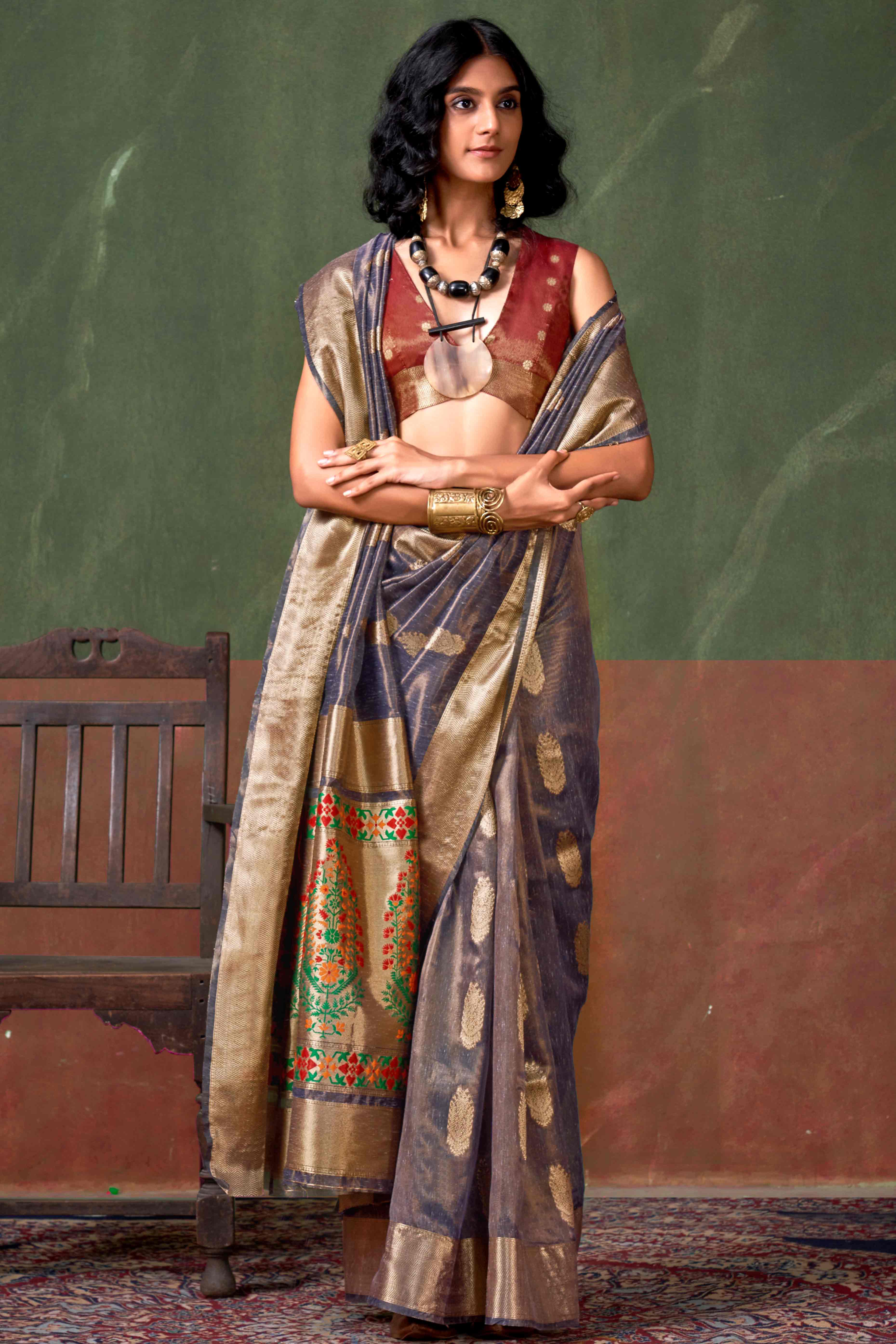 Lavender Floral Zari Woven Tissue Paithani Style Saree