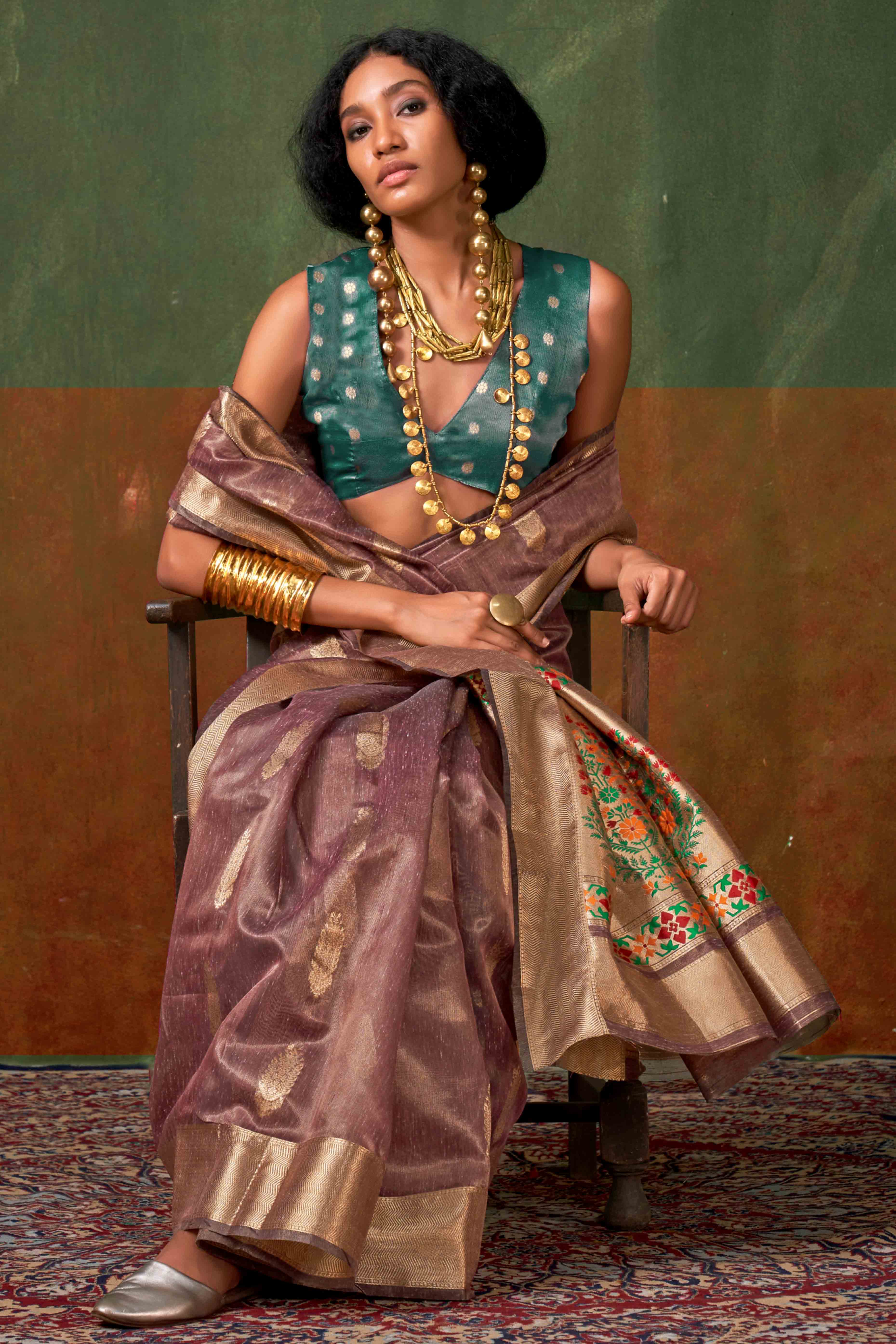 Mauve Floral Zari Woven Tissue Paithani Style Saree