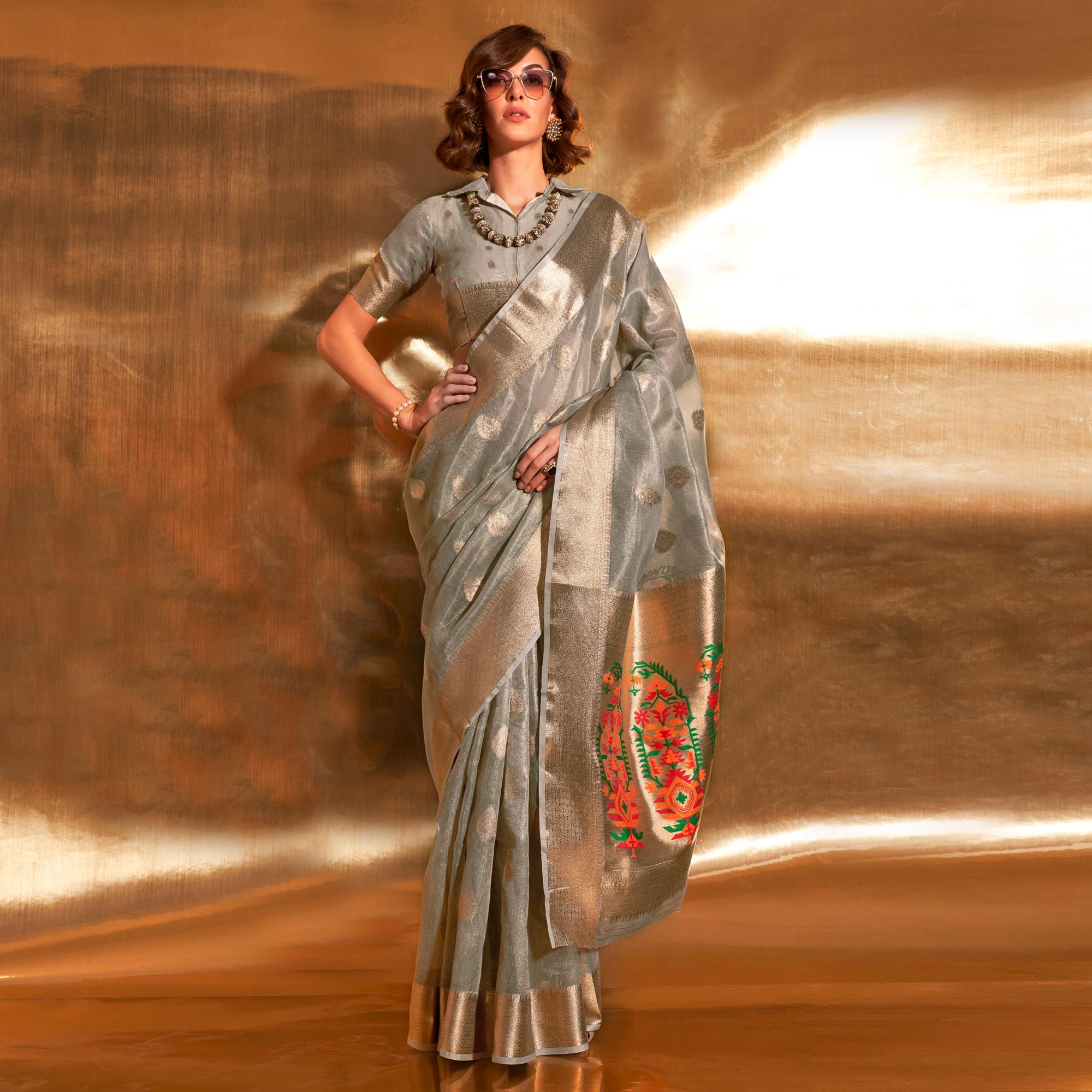 Grey Woven Tissue Paithani Saree