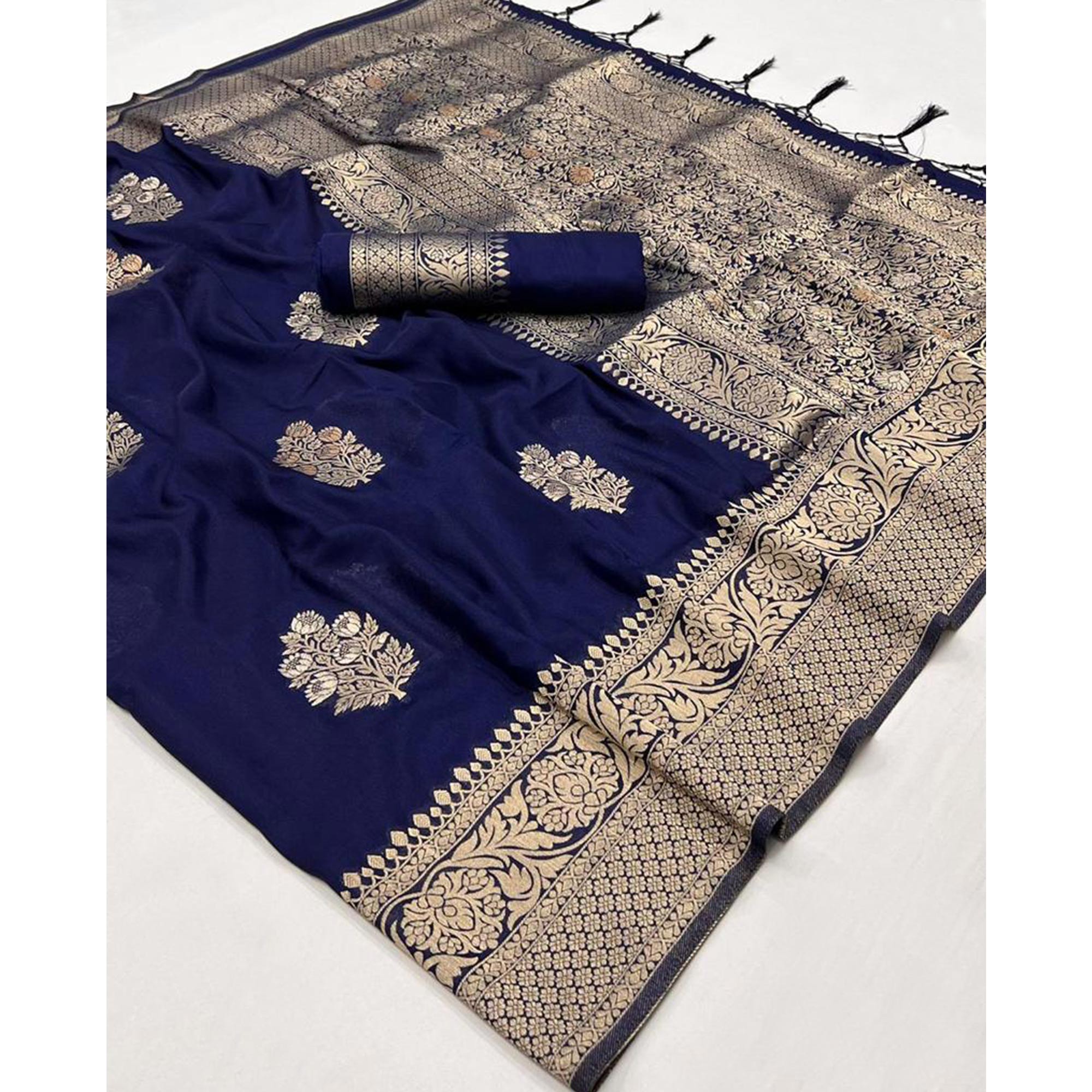 Navy Blue Woven Georgette Saree With Tassels