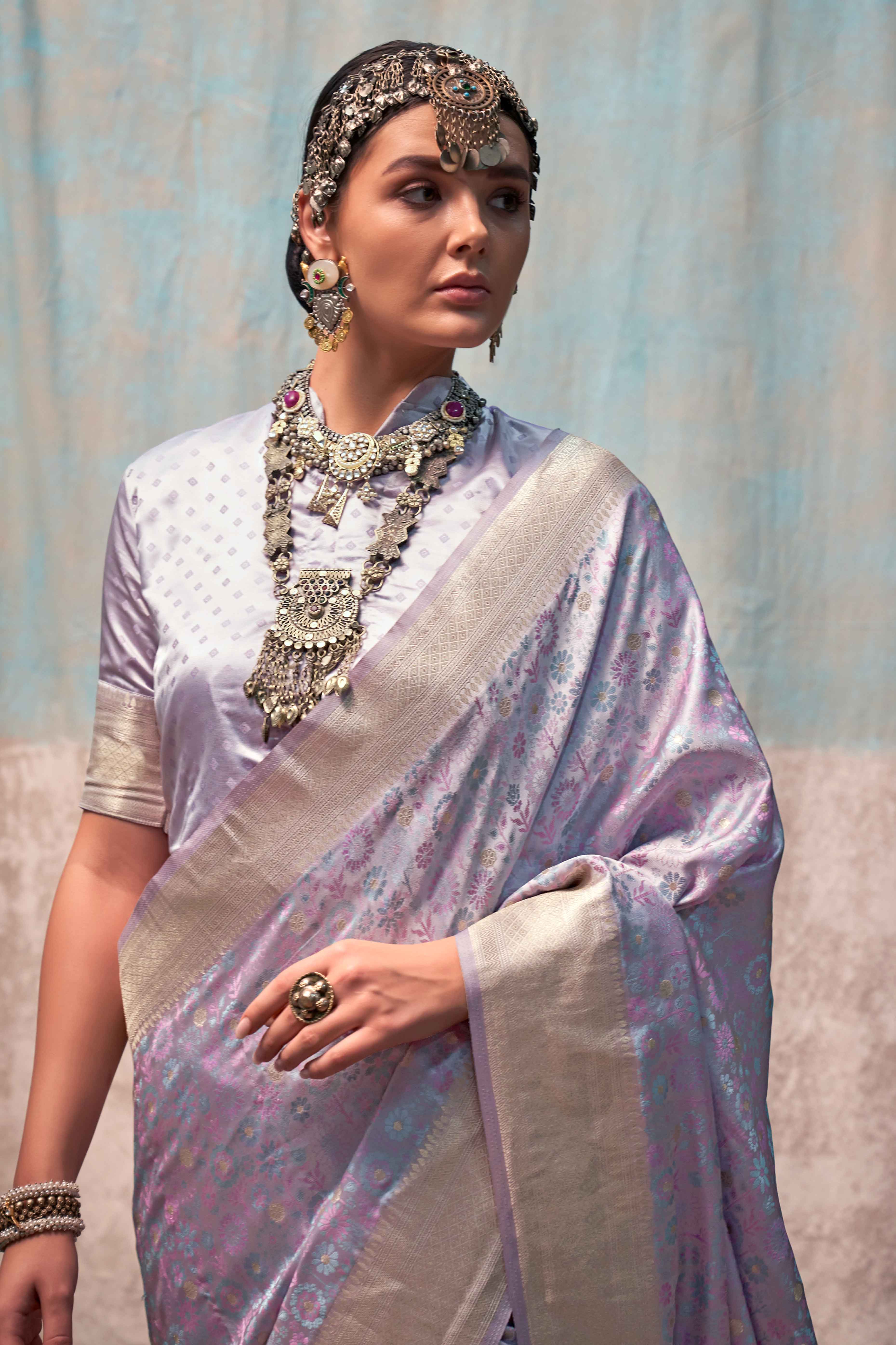 Pastel Lavender Handloom Woven Pure Satin Saree