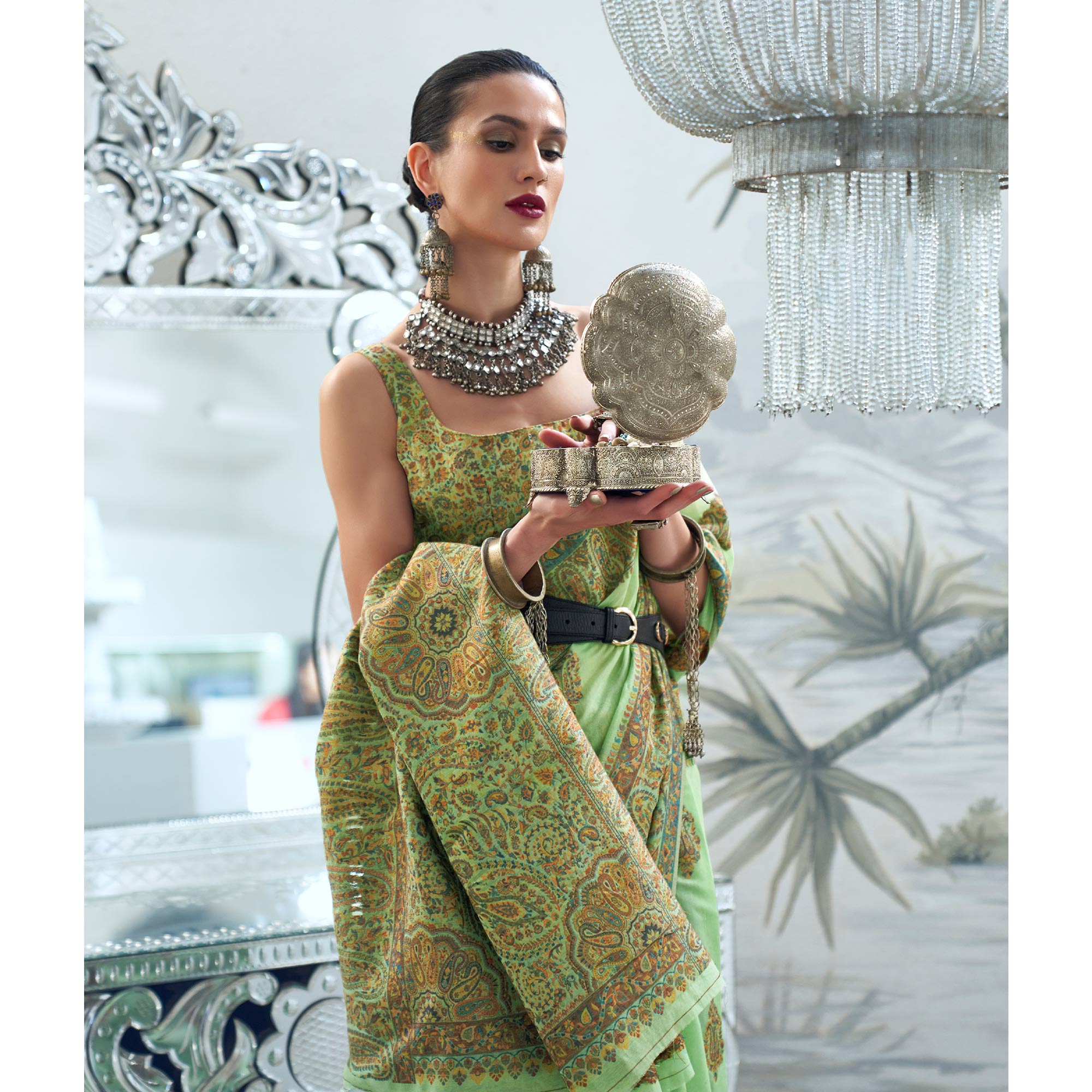 Pista Green Woven Chanderi Silk Saree