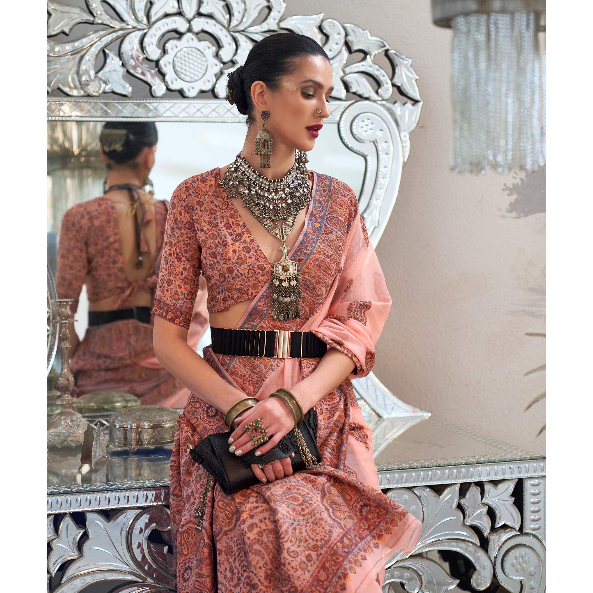 Peach Woven Chanderi Silk Saree