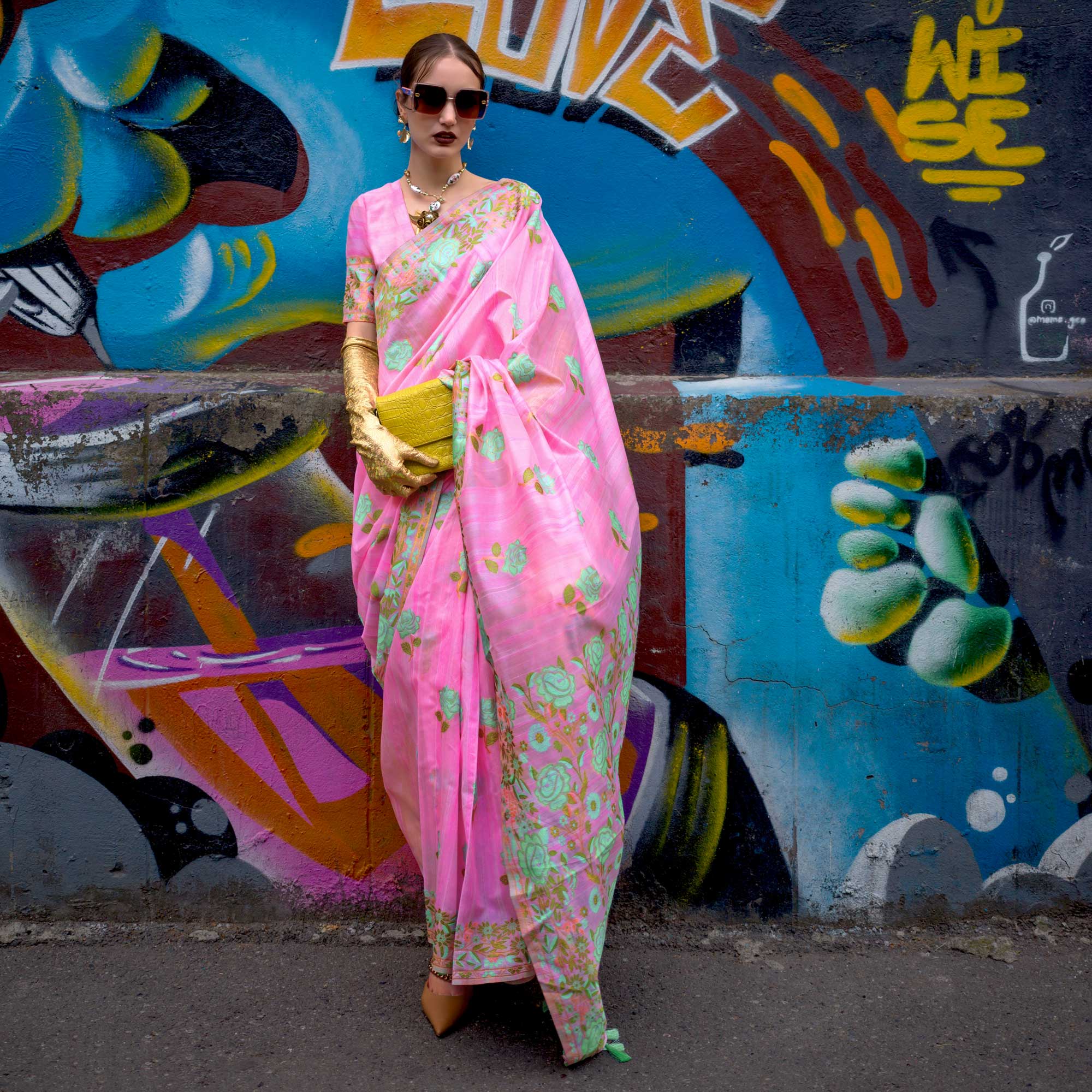 Pink Floral Woven Pure Silk Saree With Tassels