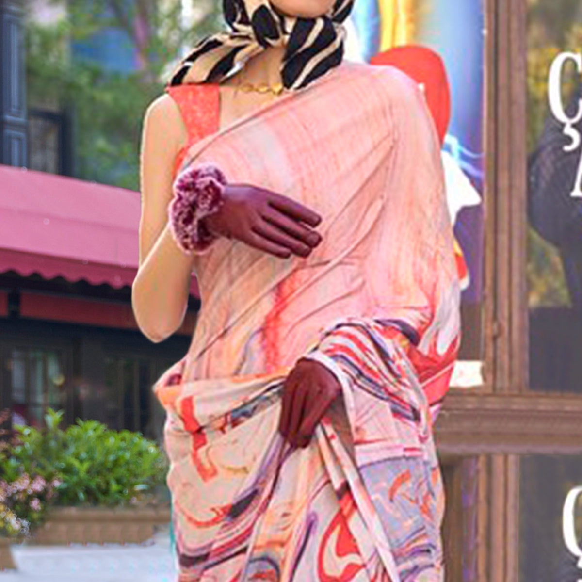 Peach Digital Printed Crepe Saree