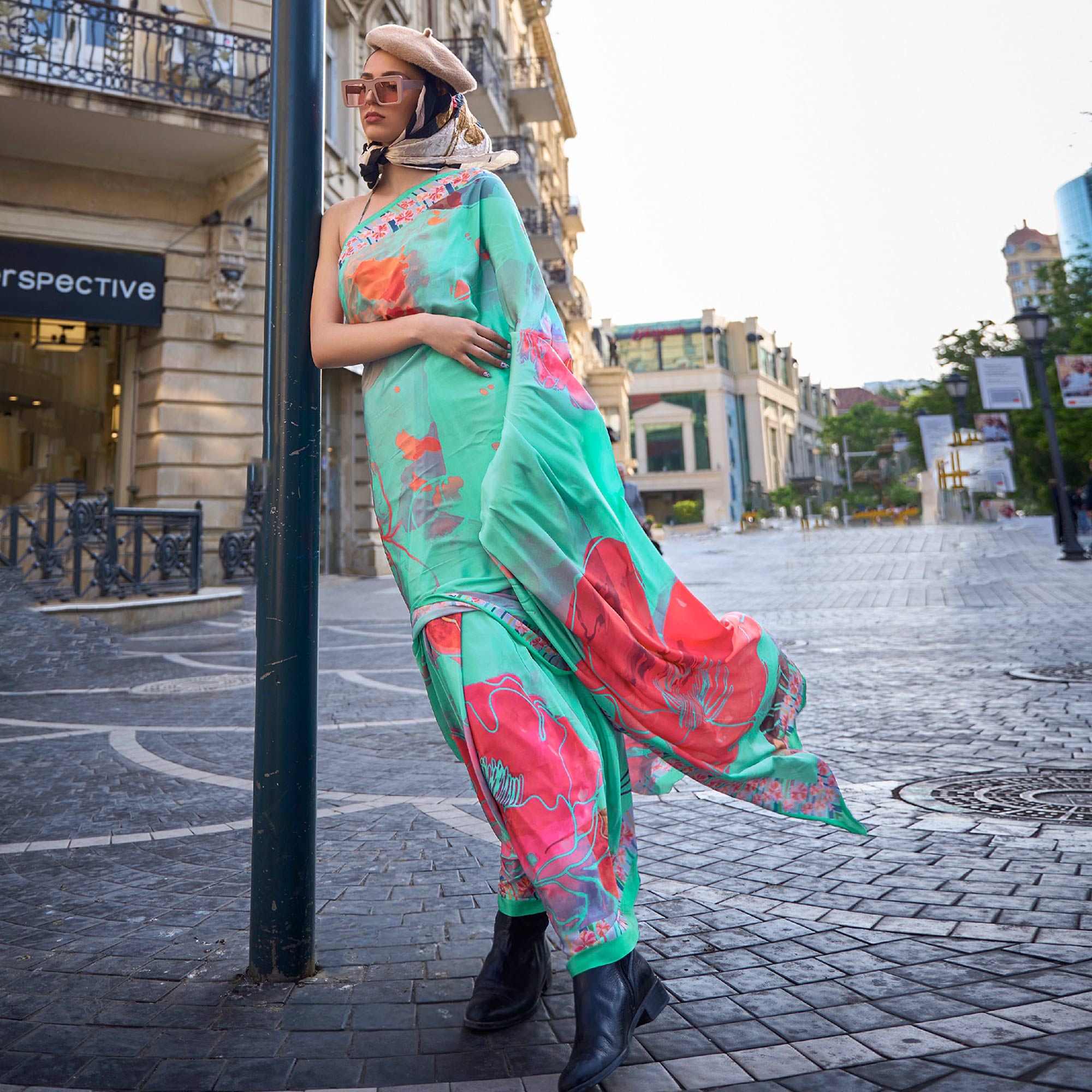 Sea Green Digital Printed Crepe Saree