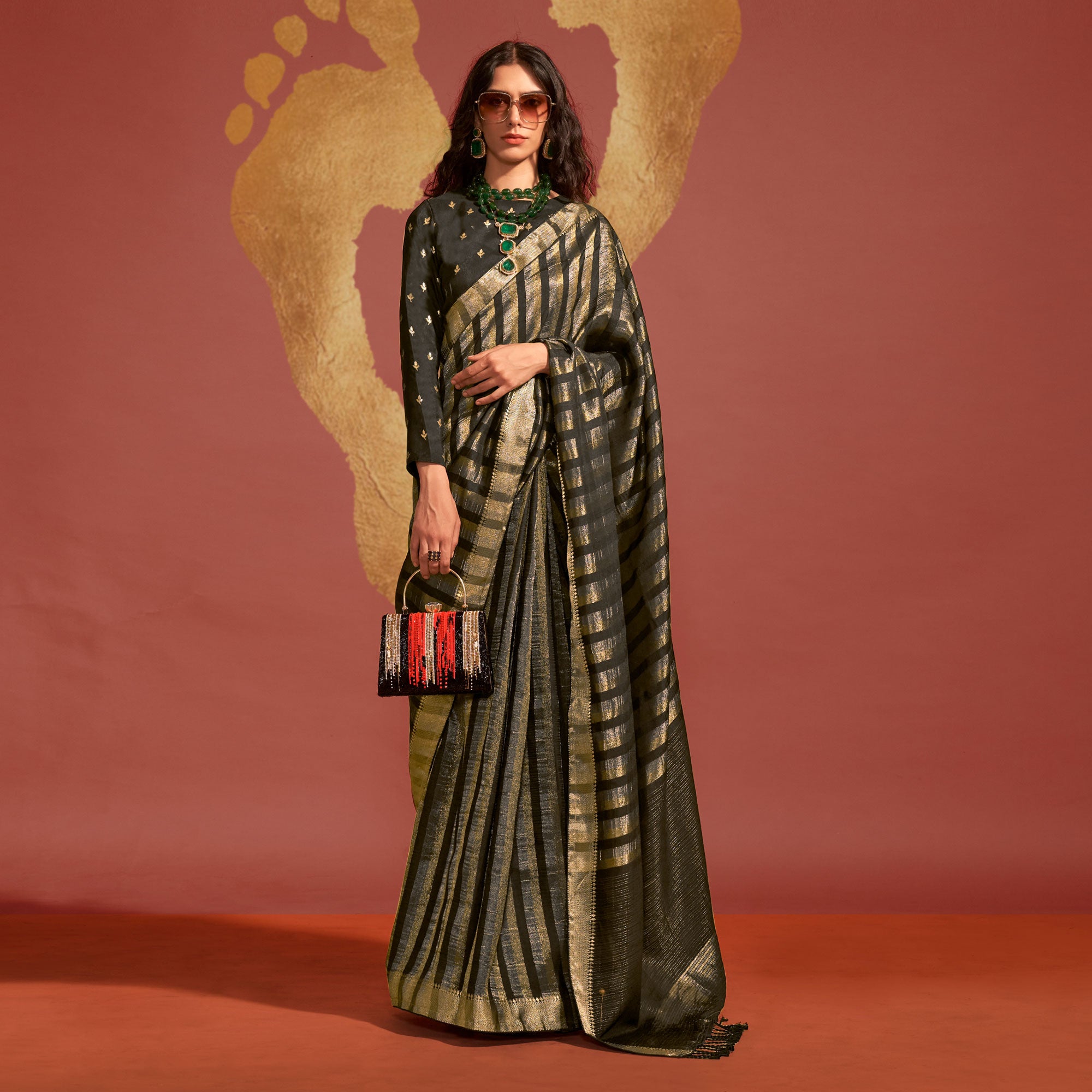Black Woven Viscose Saree With Tassels
