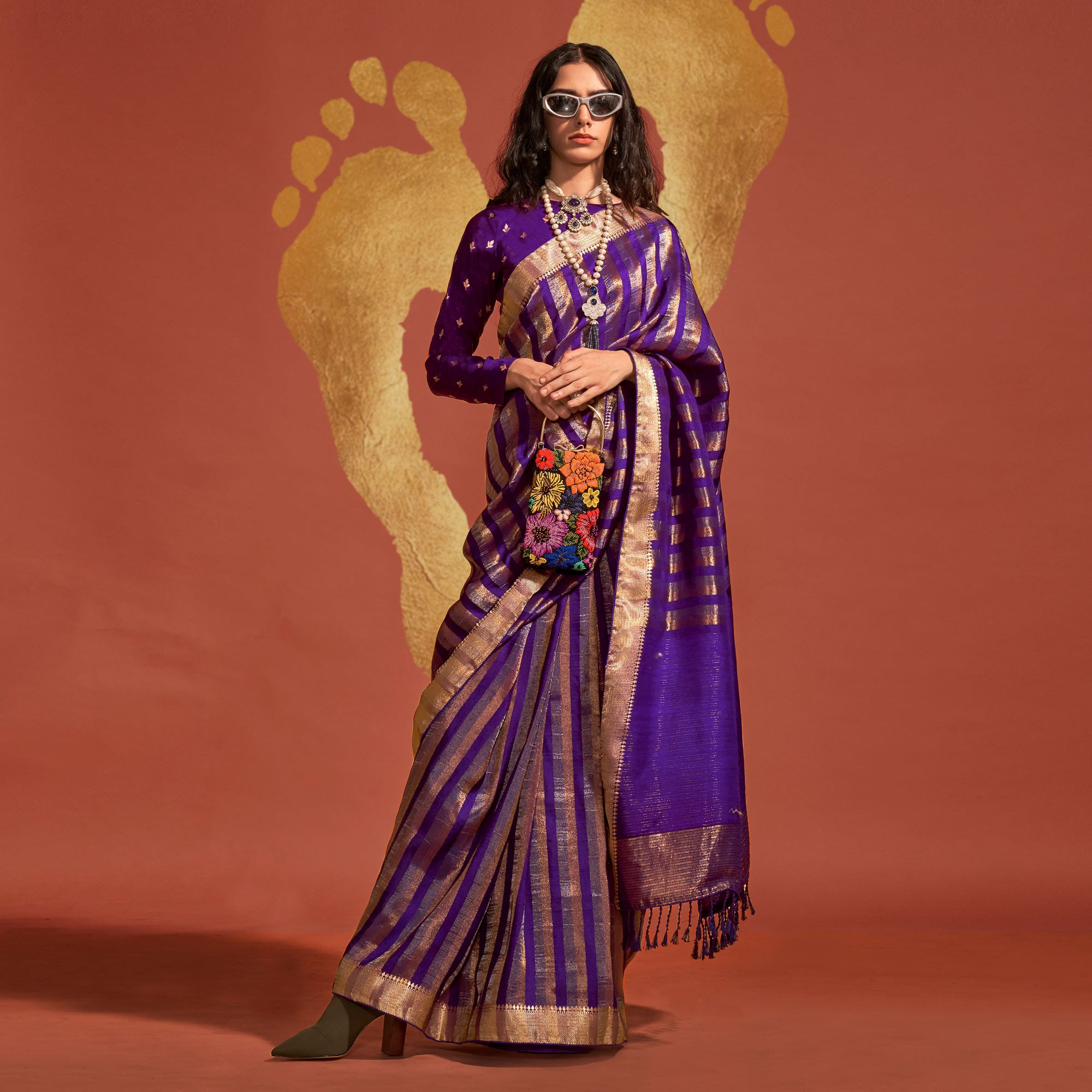 Purple Woven Viscose Saree With Tassels