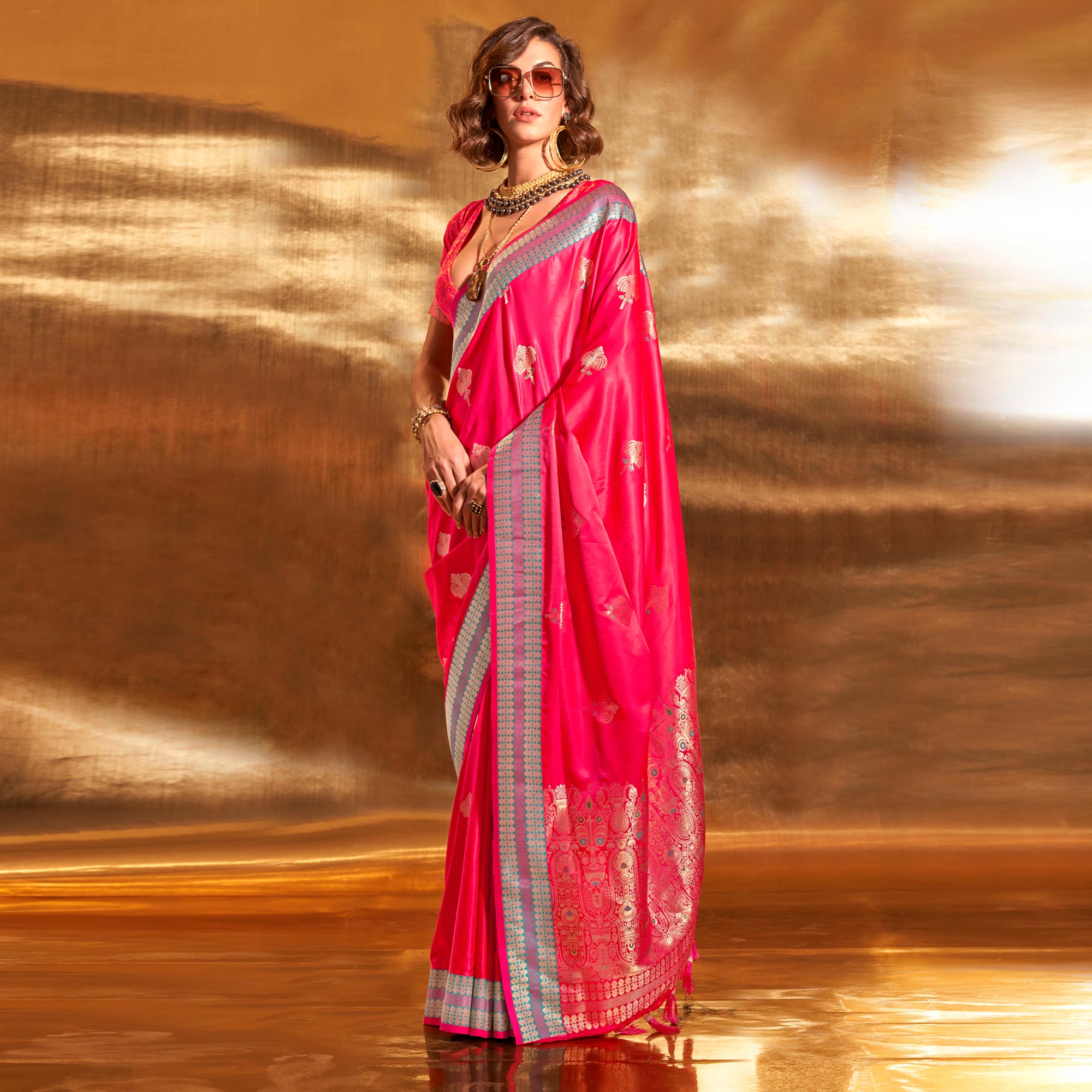 Pink Woven Satin Saree With Tassels