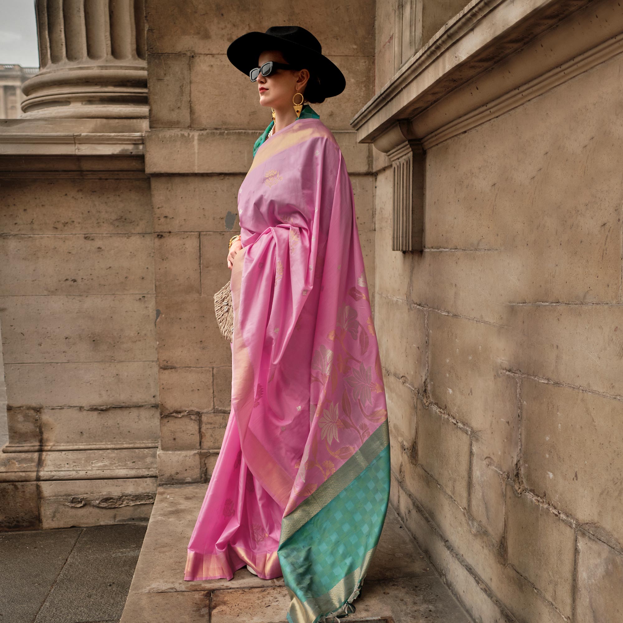 Pink Floral Woven Art Silk Saree With Tassels