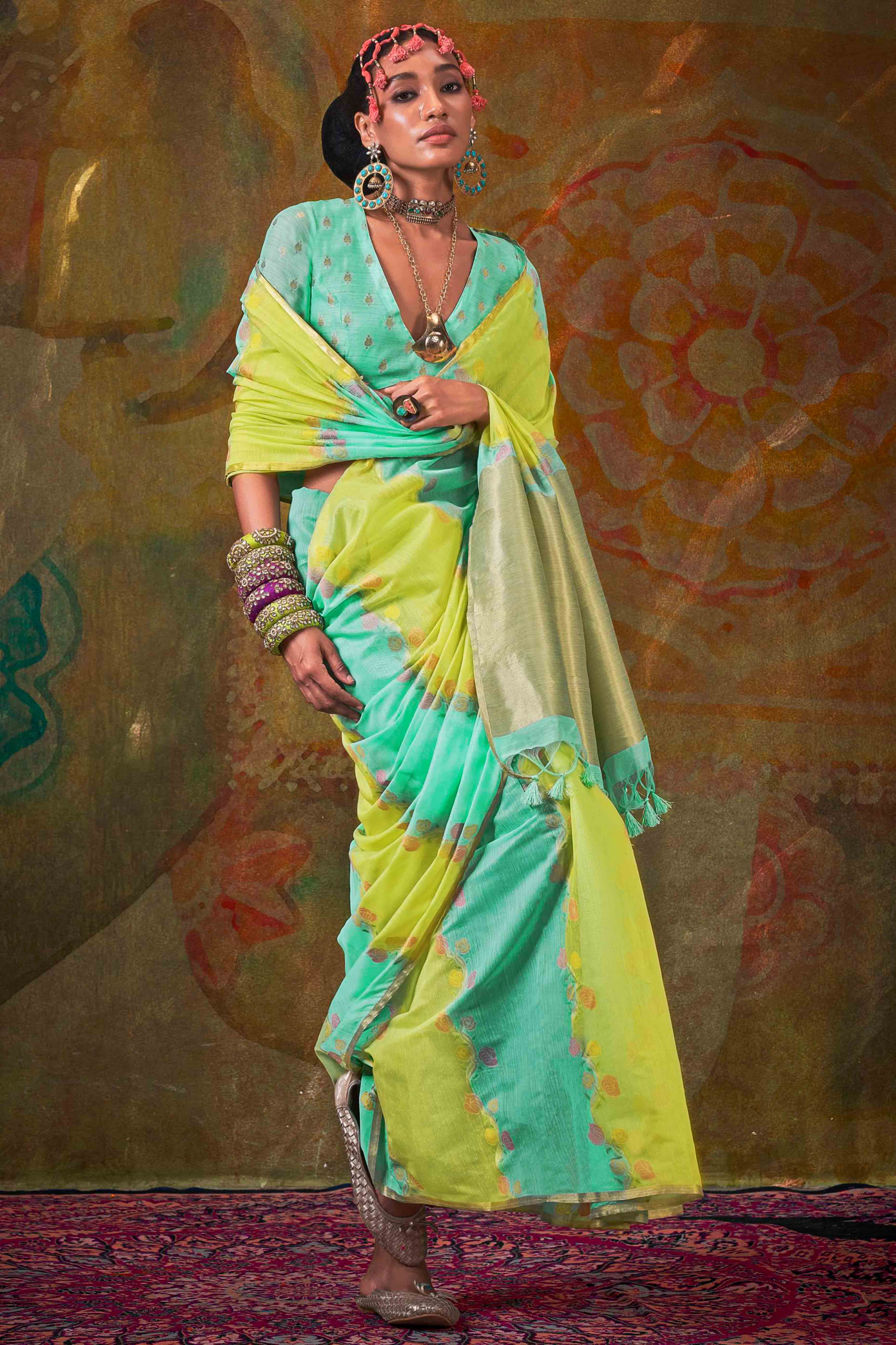 Turquoise & Green Floral Handwoven Cotton Blend Saree