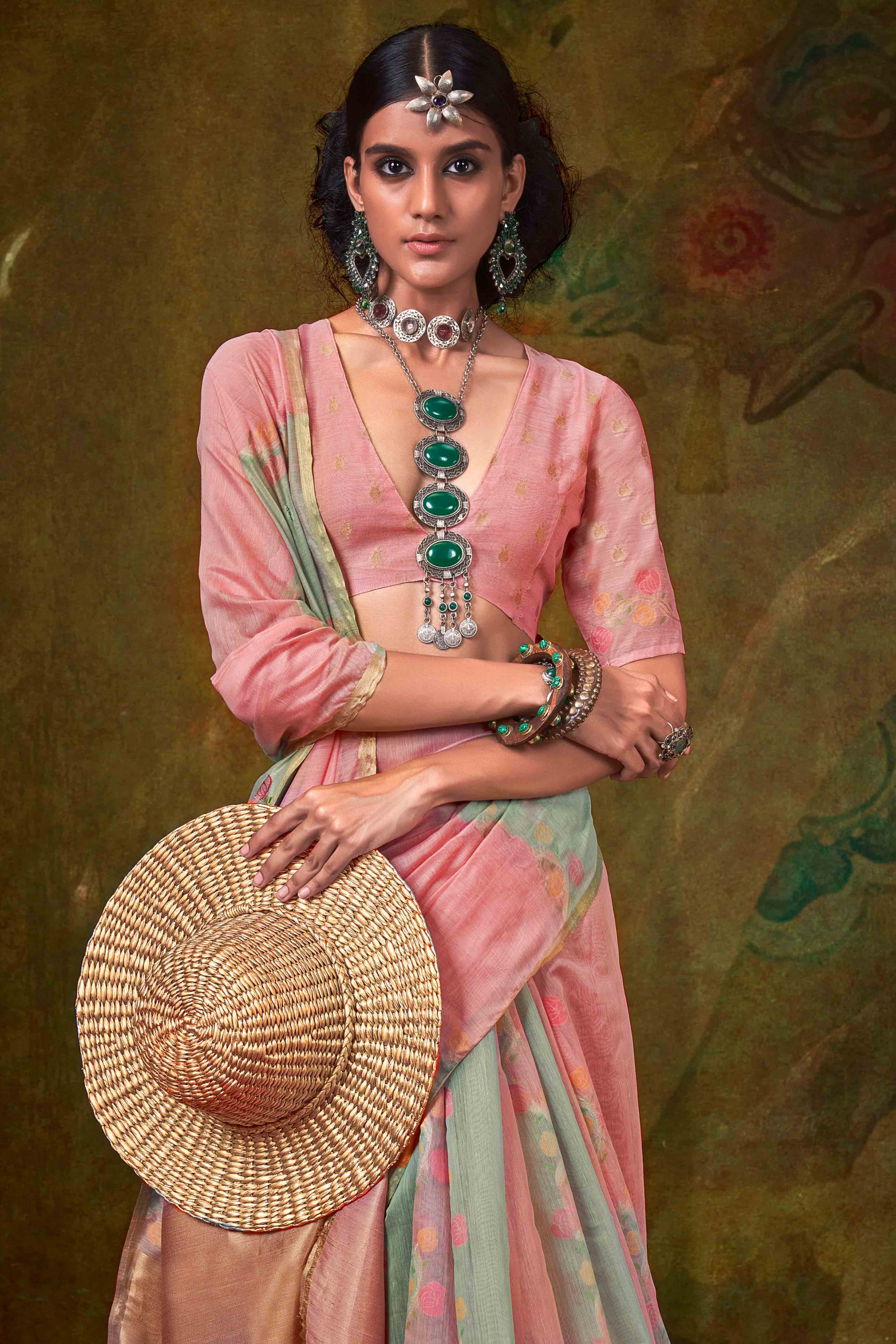 Peach & Grey Floral Handwoven Cotton Blend Saree