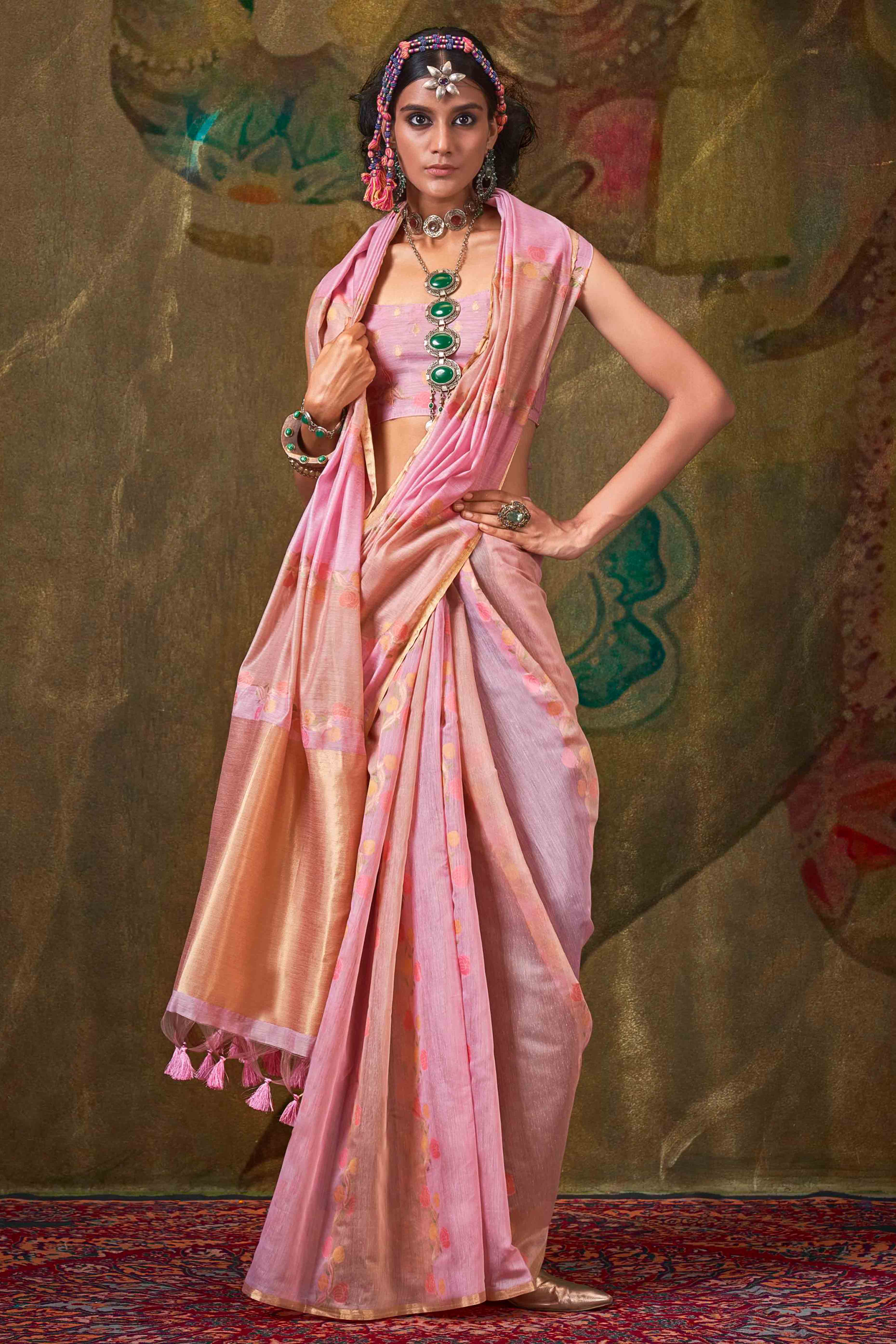 Soft Lavender With Pink Floral Handwoven Cotton Blend Saree