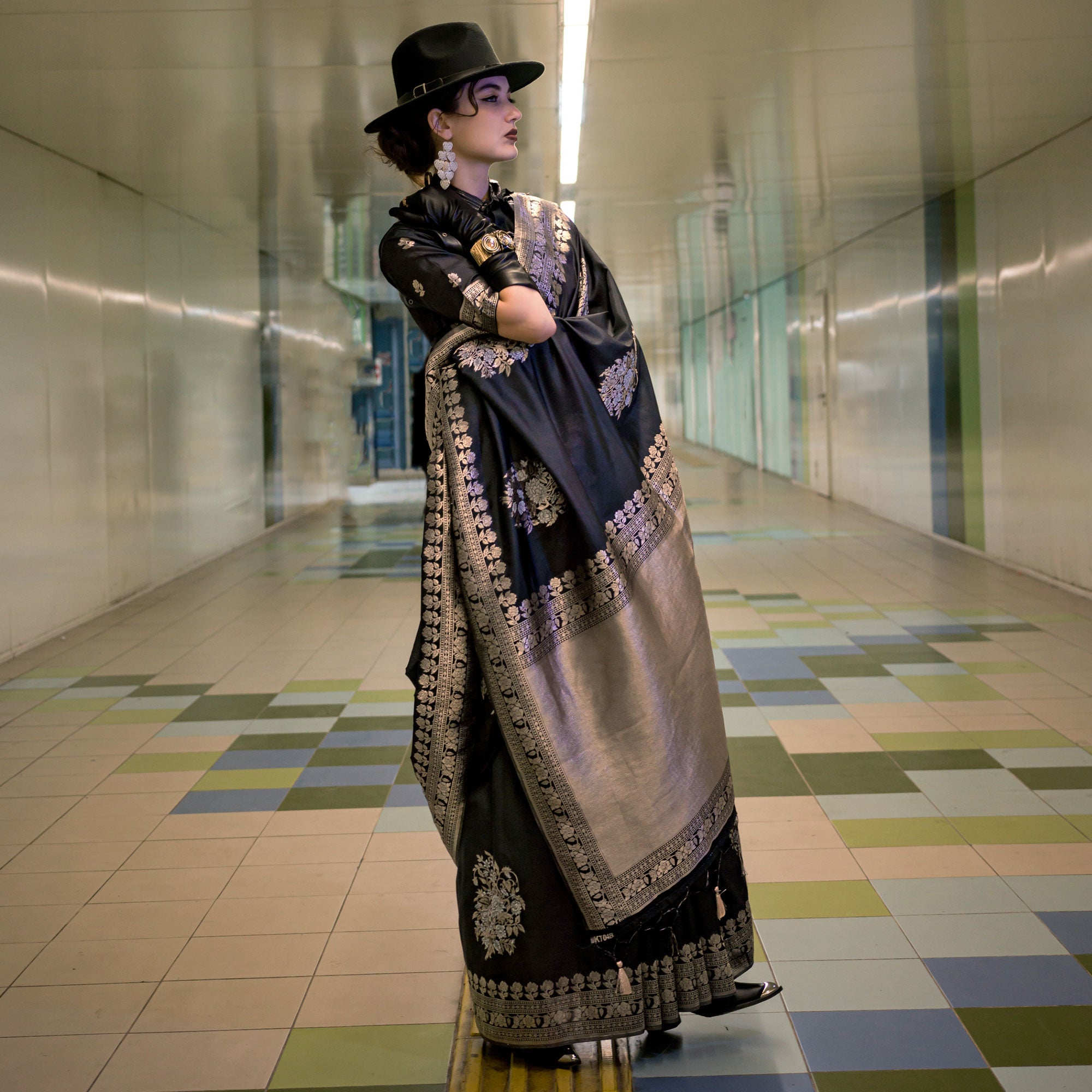 Black Floral Woven Art Silk Saree With Tassels