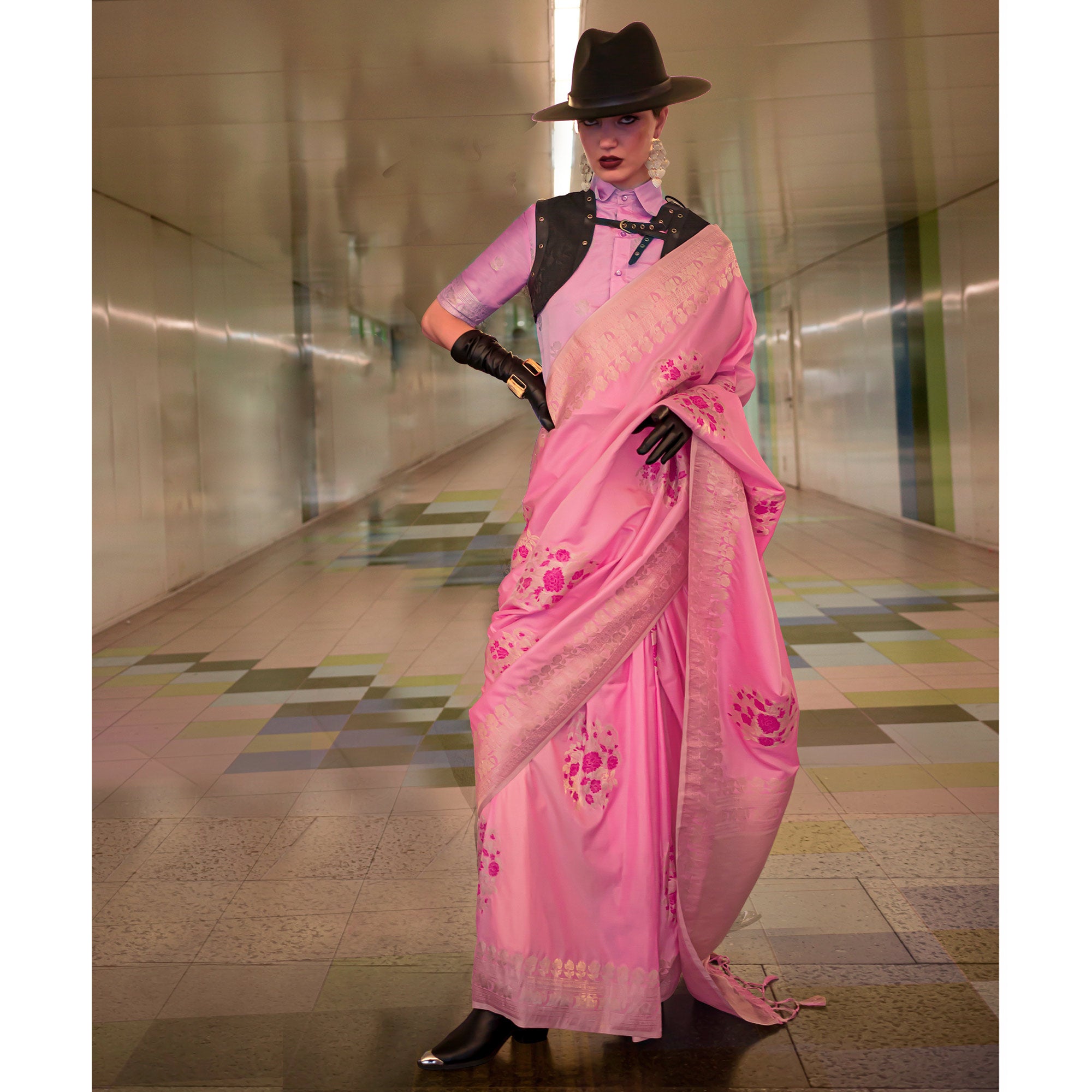 Pink Floral Woven Art Silk Saree With Tassels