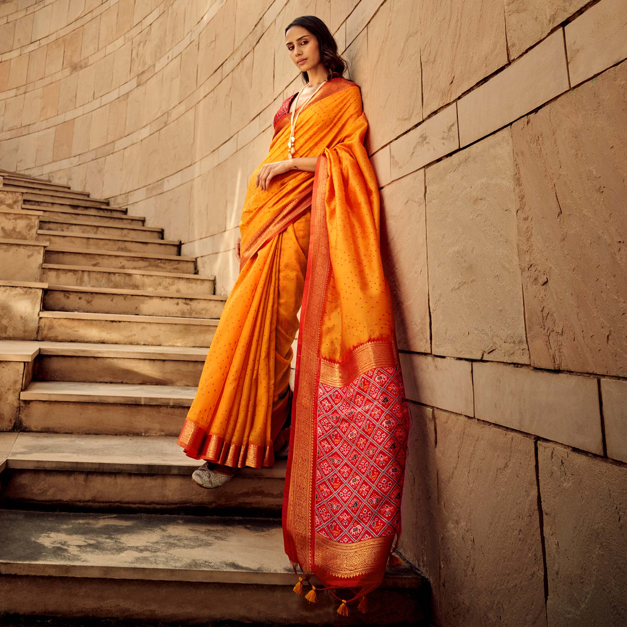 Carrot Orange Weaved Patola Tussar Silk Saree With Tassels