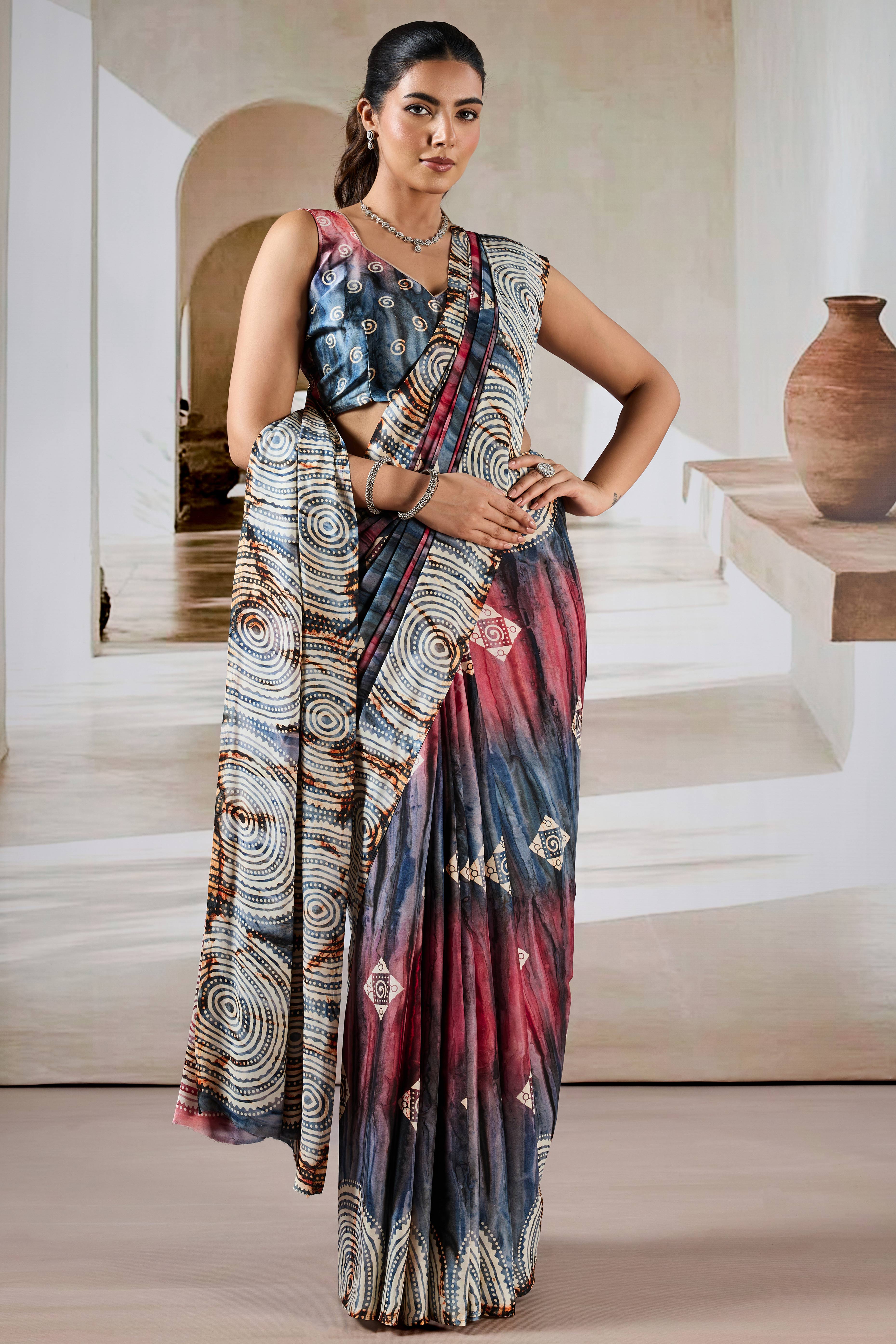 Luxury Charcoal Grey Abstract Prism Print Modal Satin Saree Featuring Artistic Work