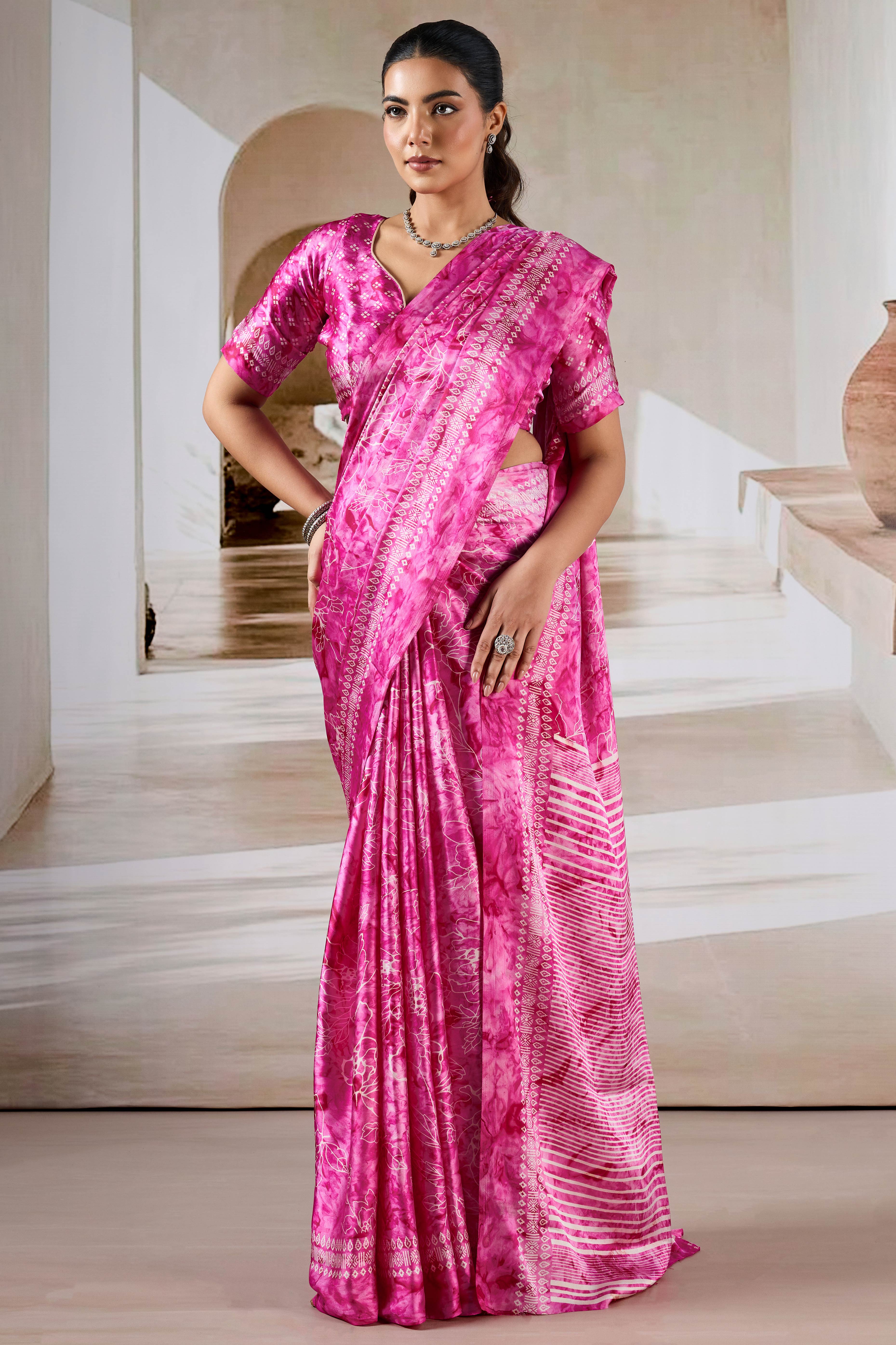 Luxury Pink Abstract Prism Print Modal Satin Saree Featuring Artistic Work