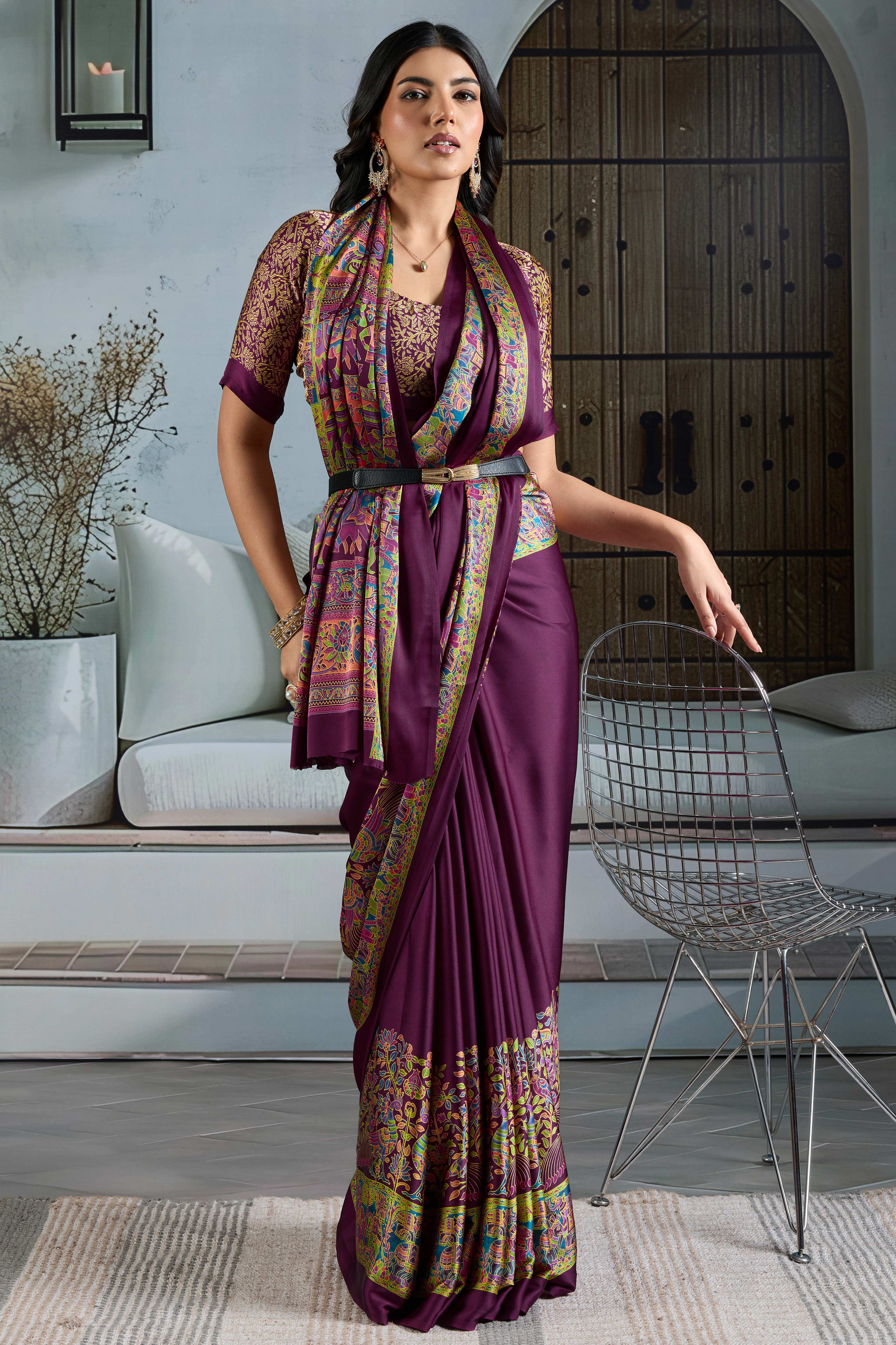 Classic Wine Solid Modal Satin Saree With Multicolor Traditional Folk Art Printed Border & Pallu