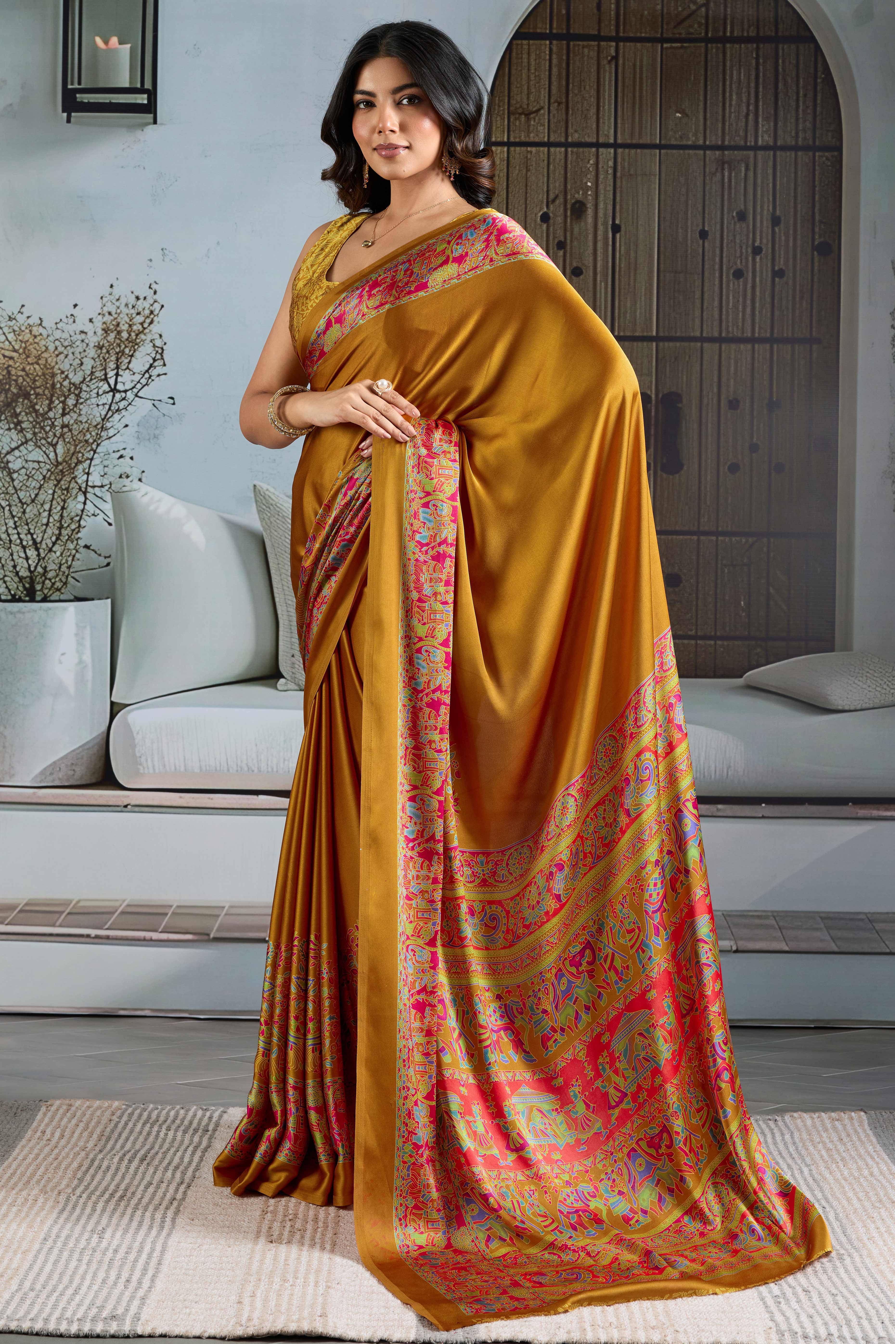 Classic Mustard Solid Modal Satin Saree With Multicolor Traditional Folk Art Printed Border & Pallu