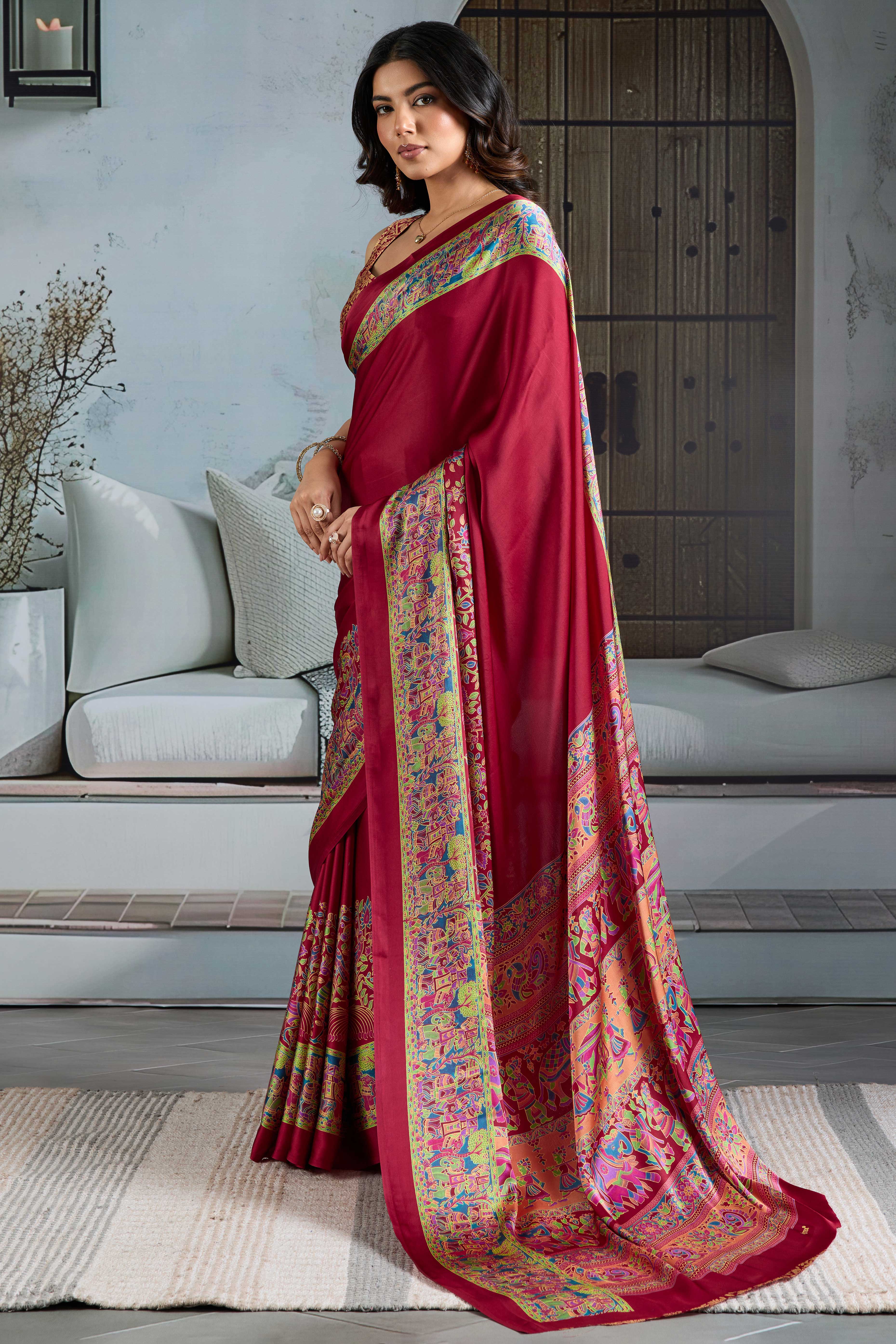 Classic Maroon Solid Modal Satin Saree With Multicolor Traditional Folk Art Printed Border & Pallu