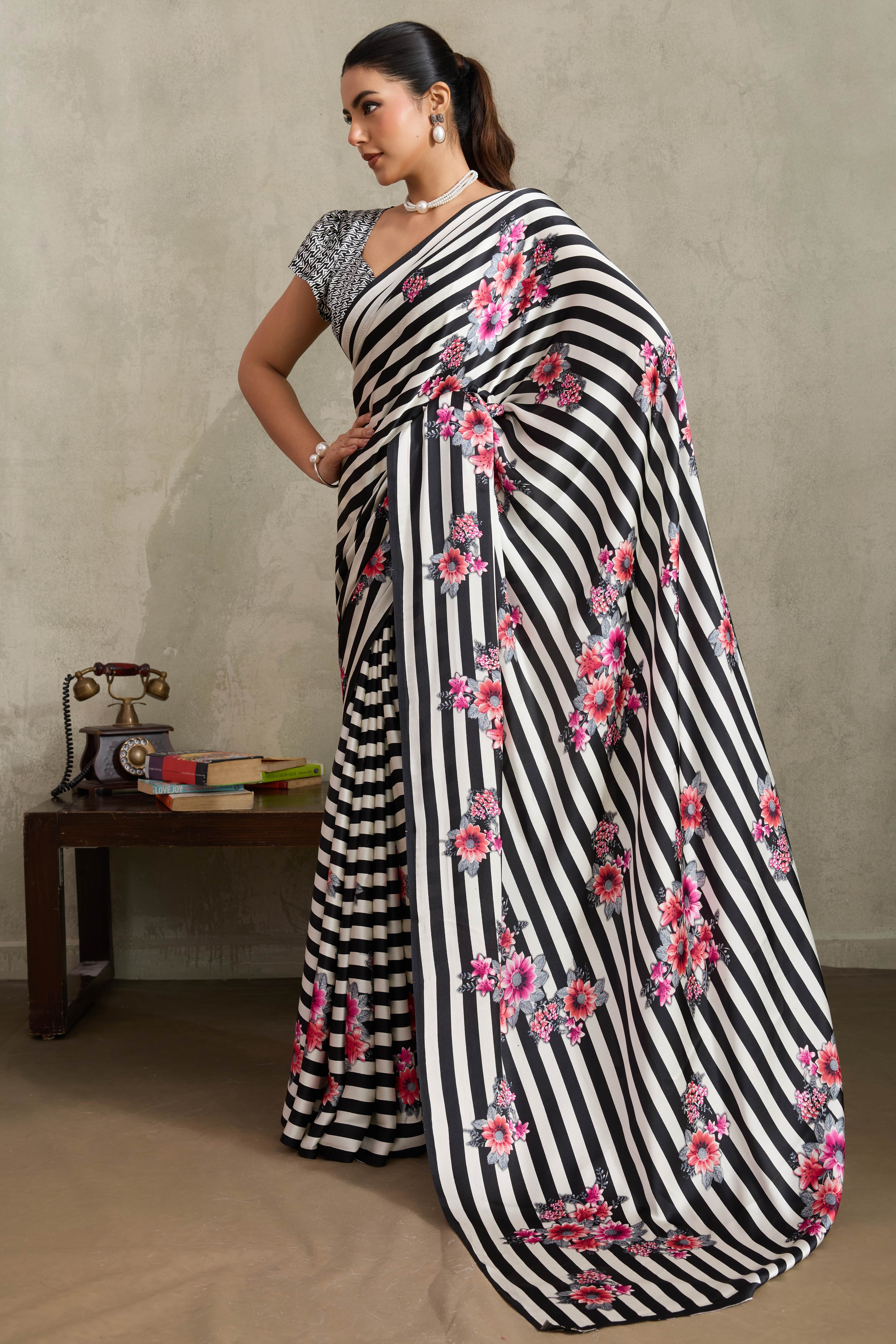 Black Elegant Ajrakh Printed Modal Satin Saree Designed for Festive & Party Occasions