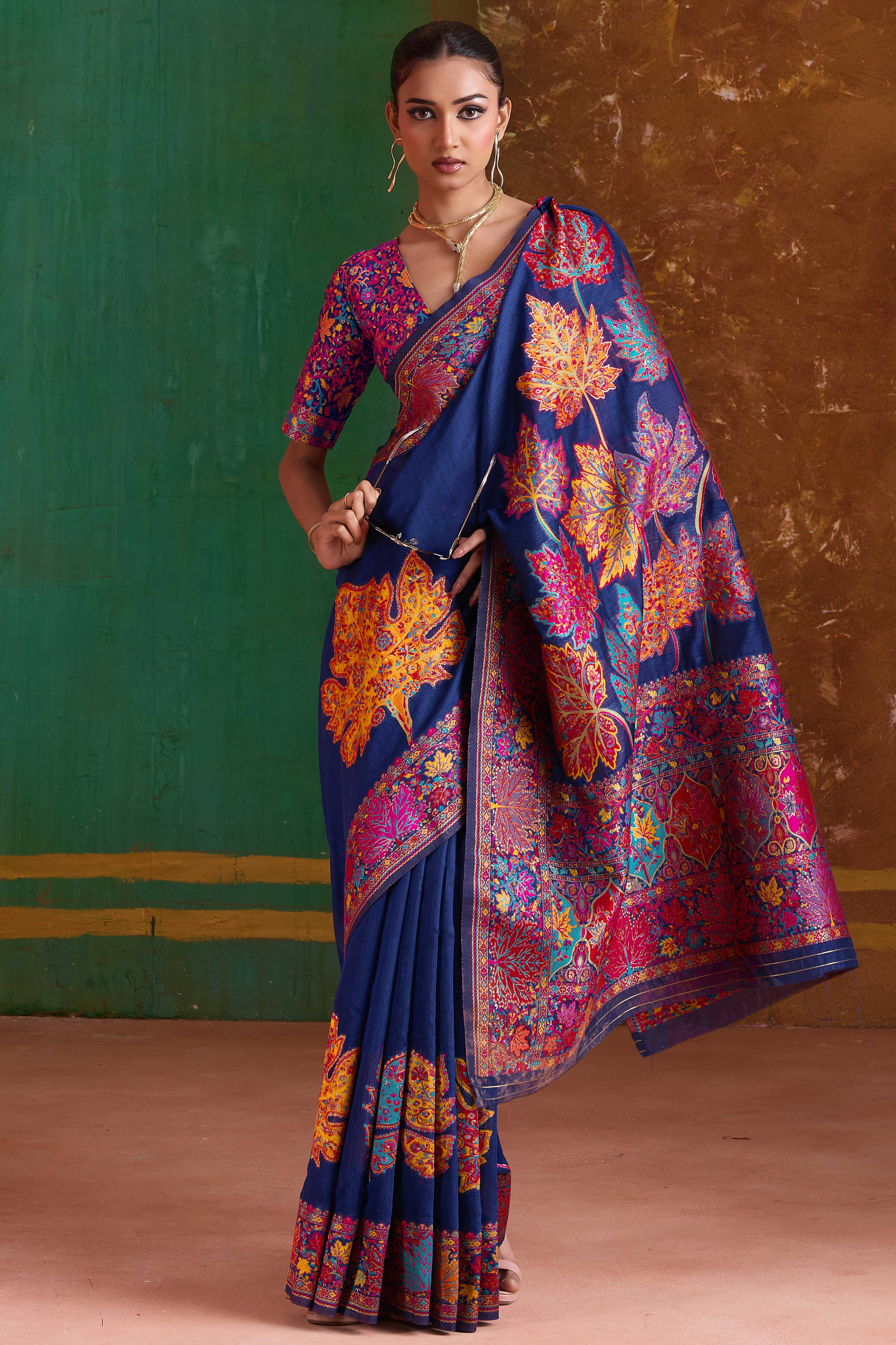 Luxurious Navy Blue Leaf Motif Pashmina Weaving Modal Cotton Blend Saree With Refined Appeal
