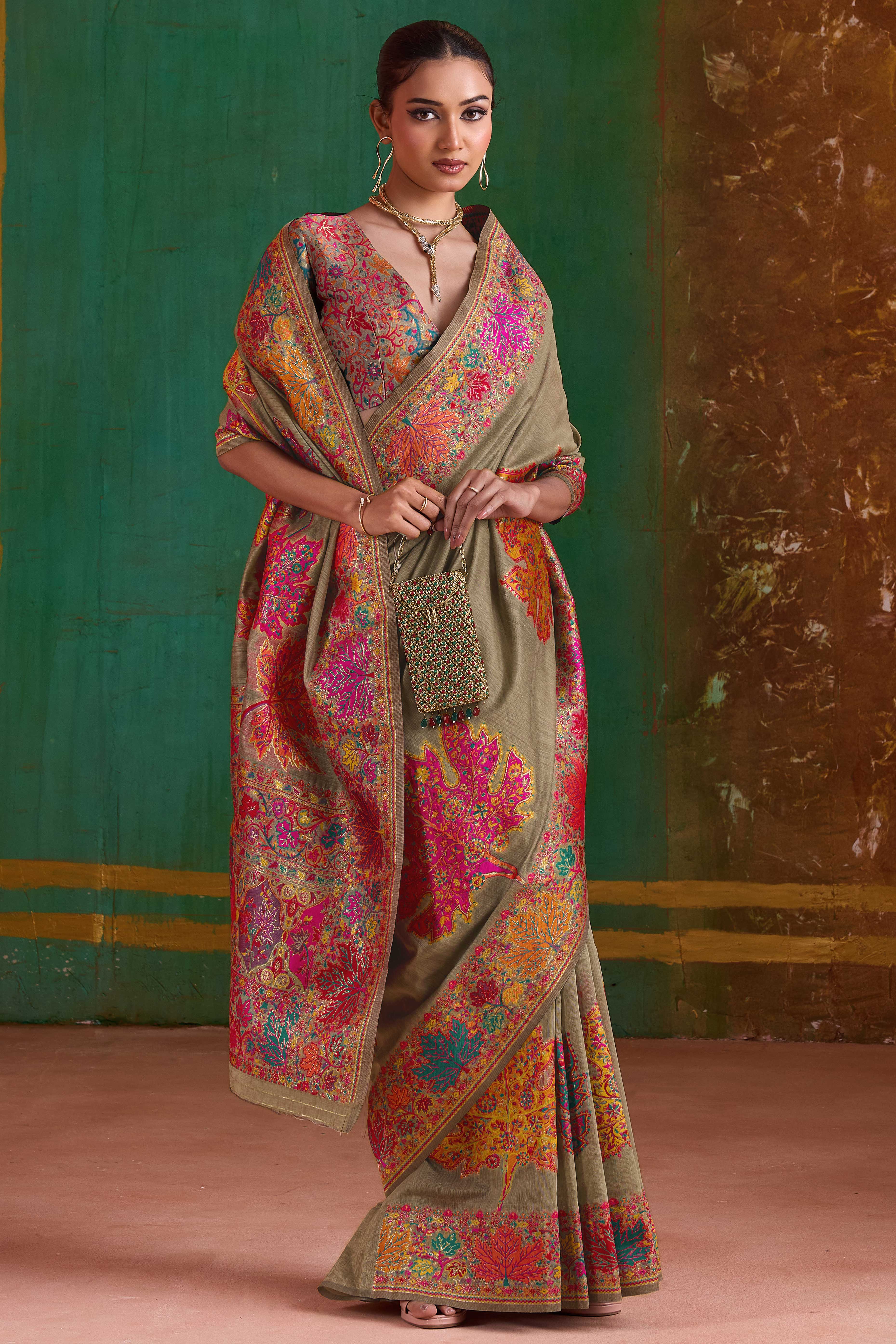 Luxurious Dark Chikoo Leaf Motif Pashmina Weaving Modal Cotton Blend Saree With Refined Appeal