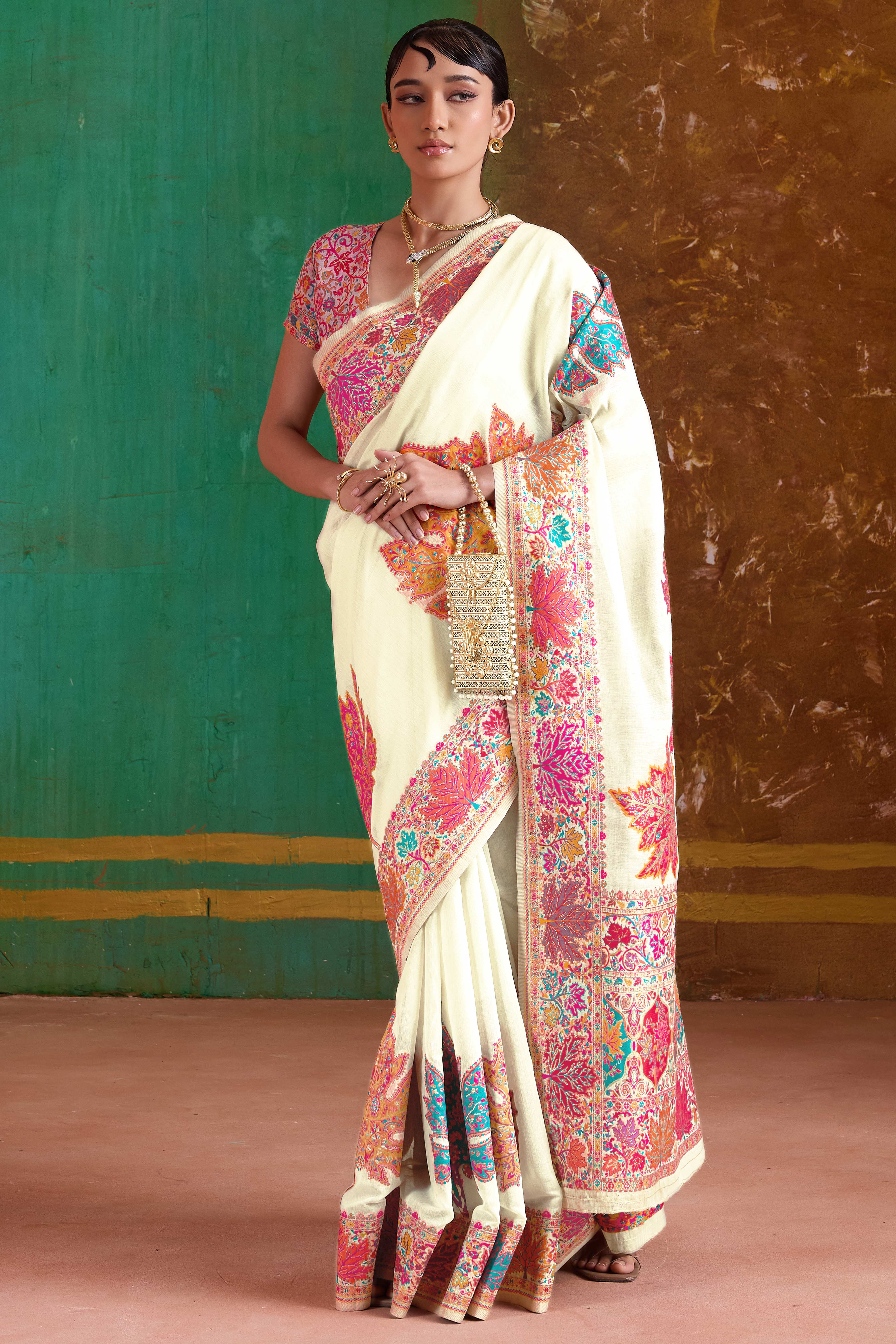 Luxurious Offwhite Leaf Motif Pashmina Weaving Modal Cotton Blend Saree With Refined Appeal