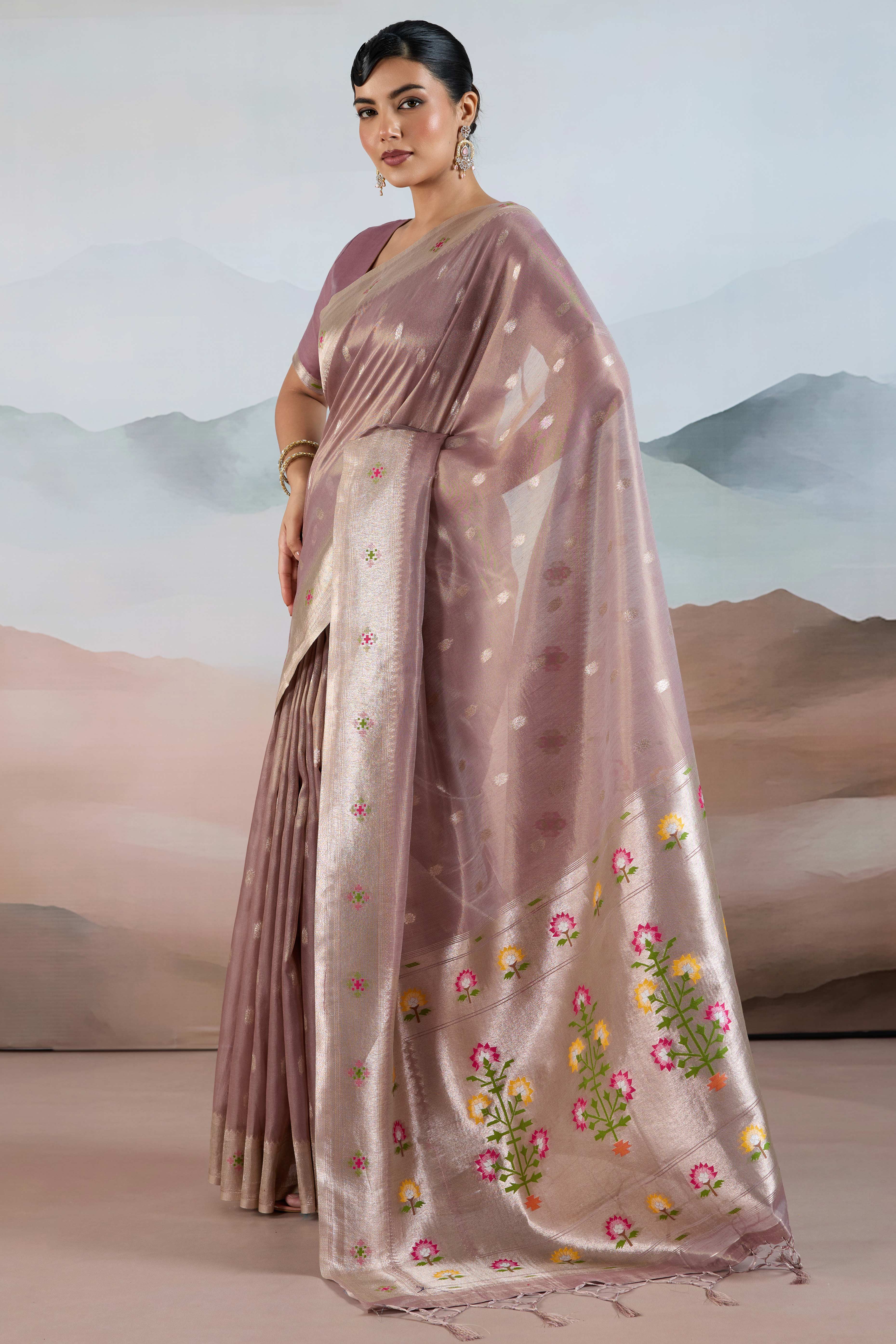 Mauve Festive Tissue Saree Crafted with Artistic Zari Butti Weaving and a Featherlight Texture