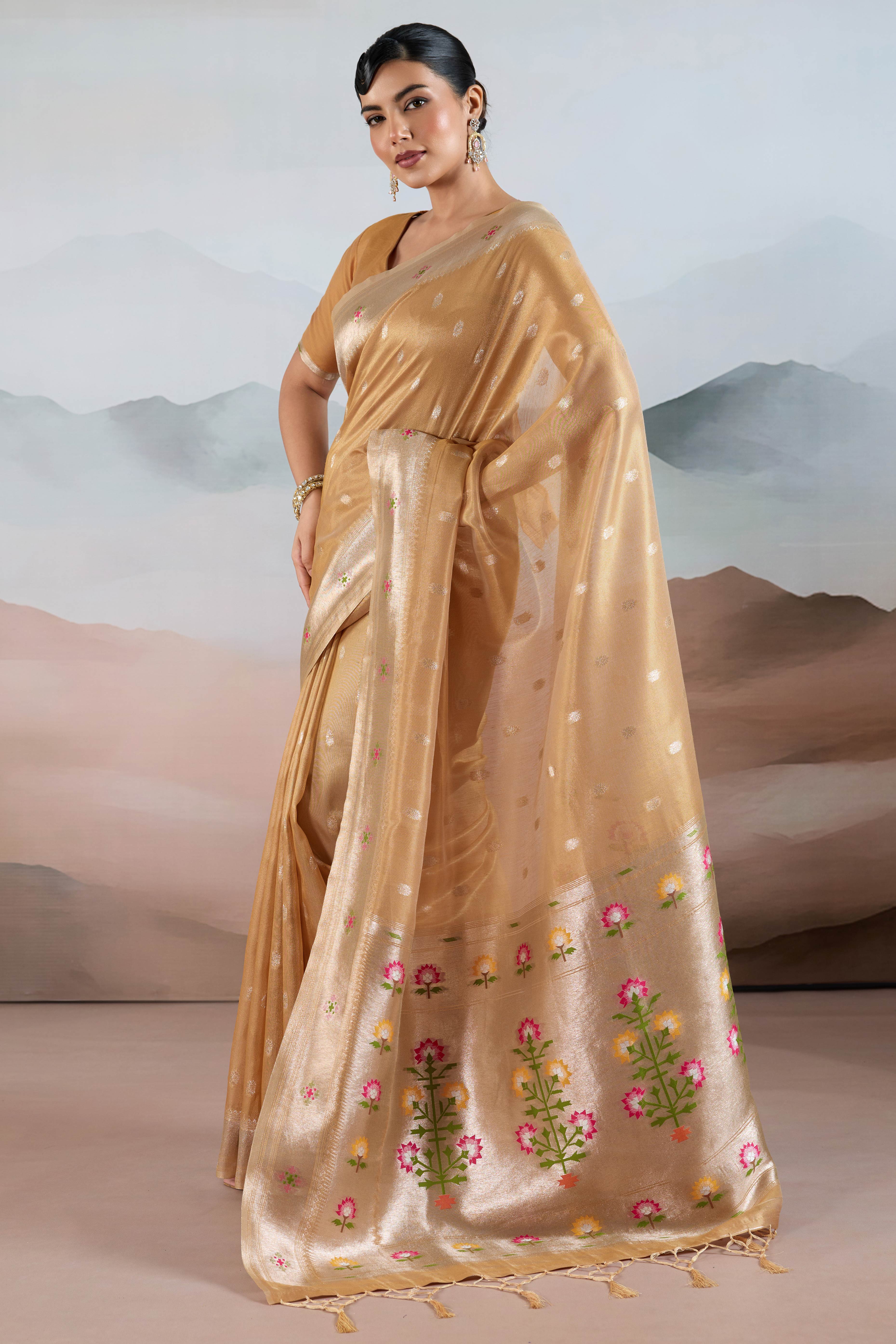 Beige Festive Tissue Saree Crafted with Artistic Zari Butti Weaving and a Featherlight Texture
