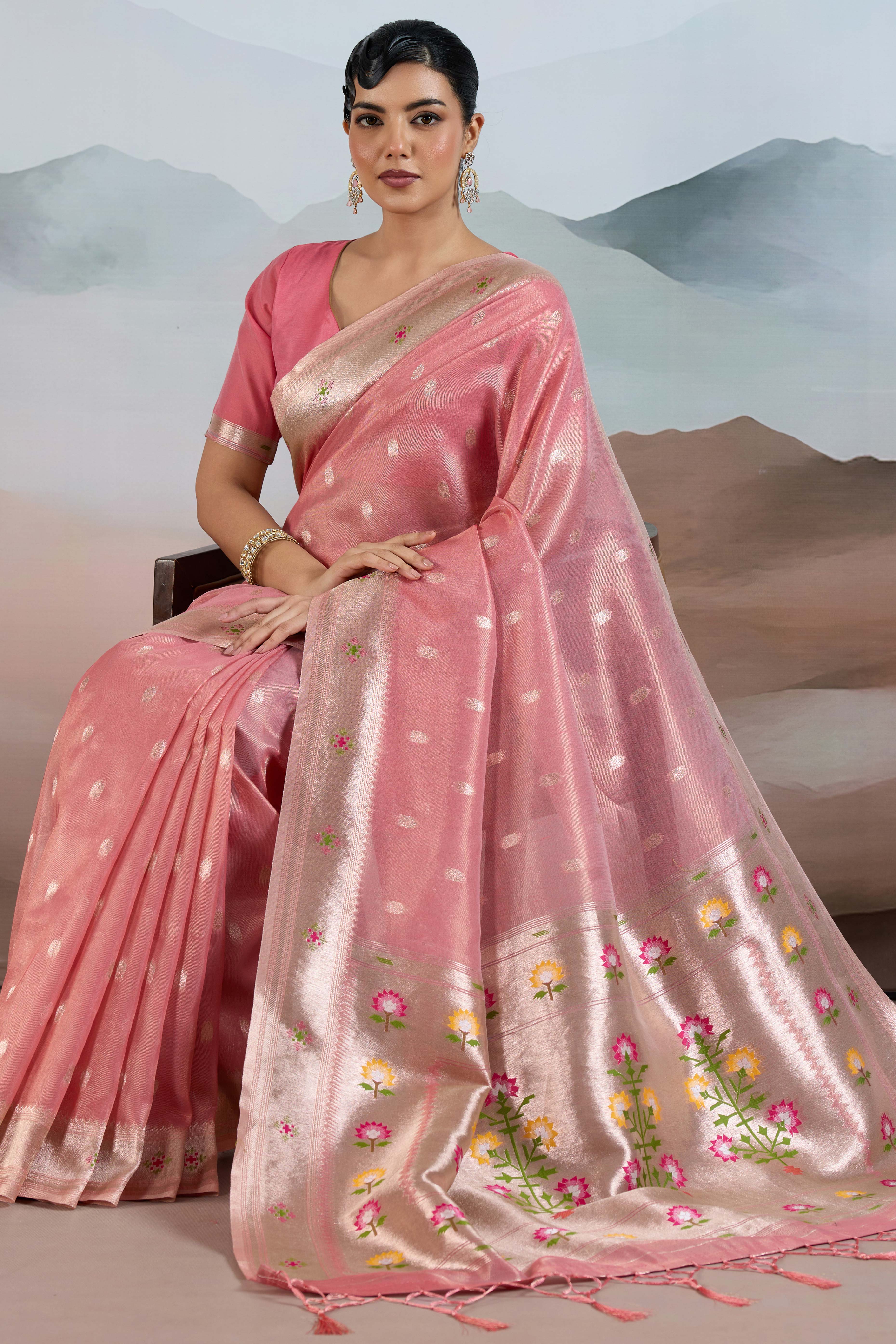 Pink Festive Tissue Saree Crafted with Artistic Zari Butti Weaving and a Featherlight Texture