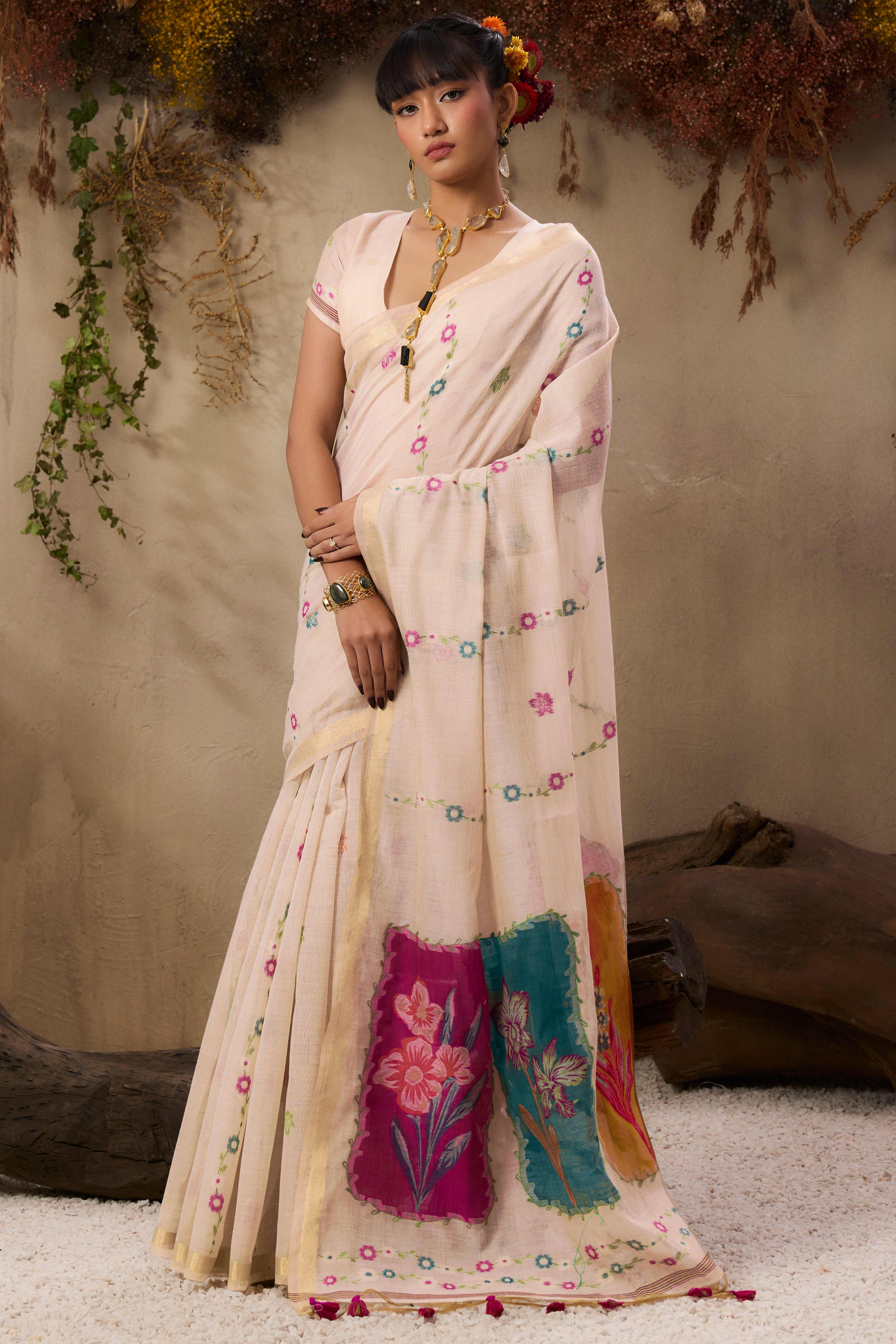 Cream Handloom Munga Cotton Blend Saree with Elegant Floral Weaving