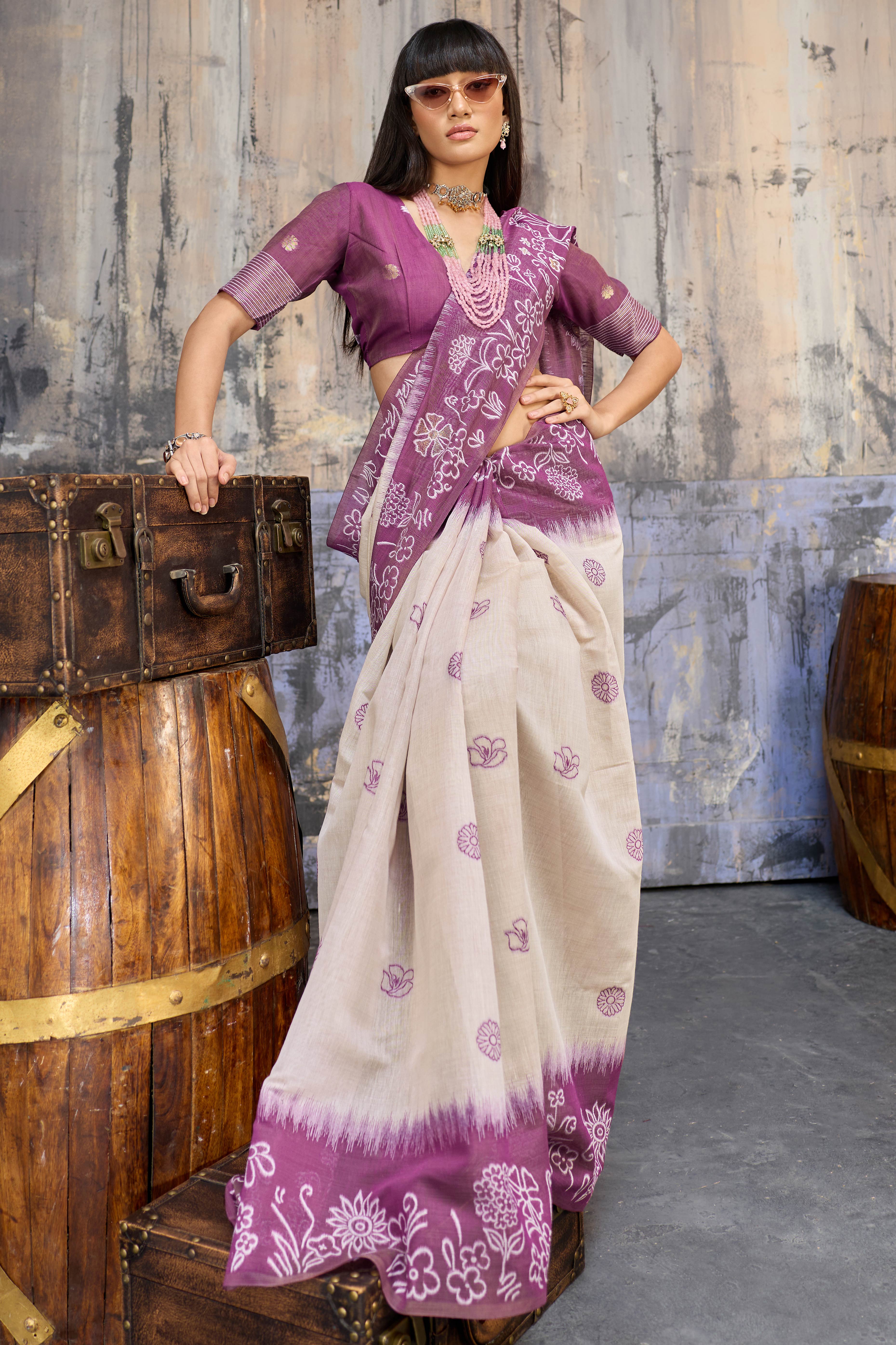 Beige & Purple Classic Munga Cotton Blend Saree with Intricate Floral Woven Detailing